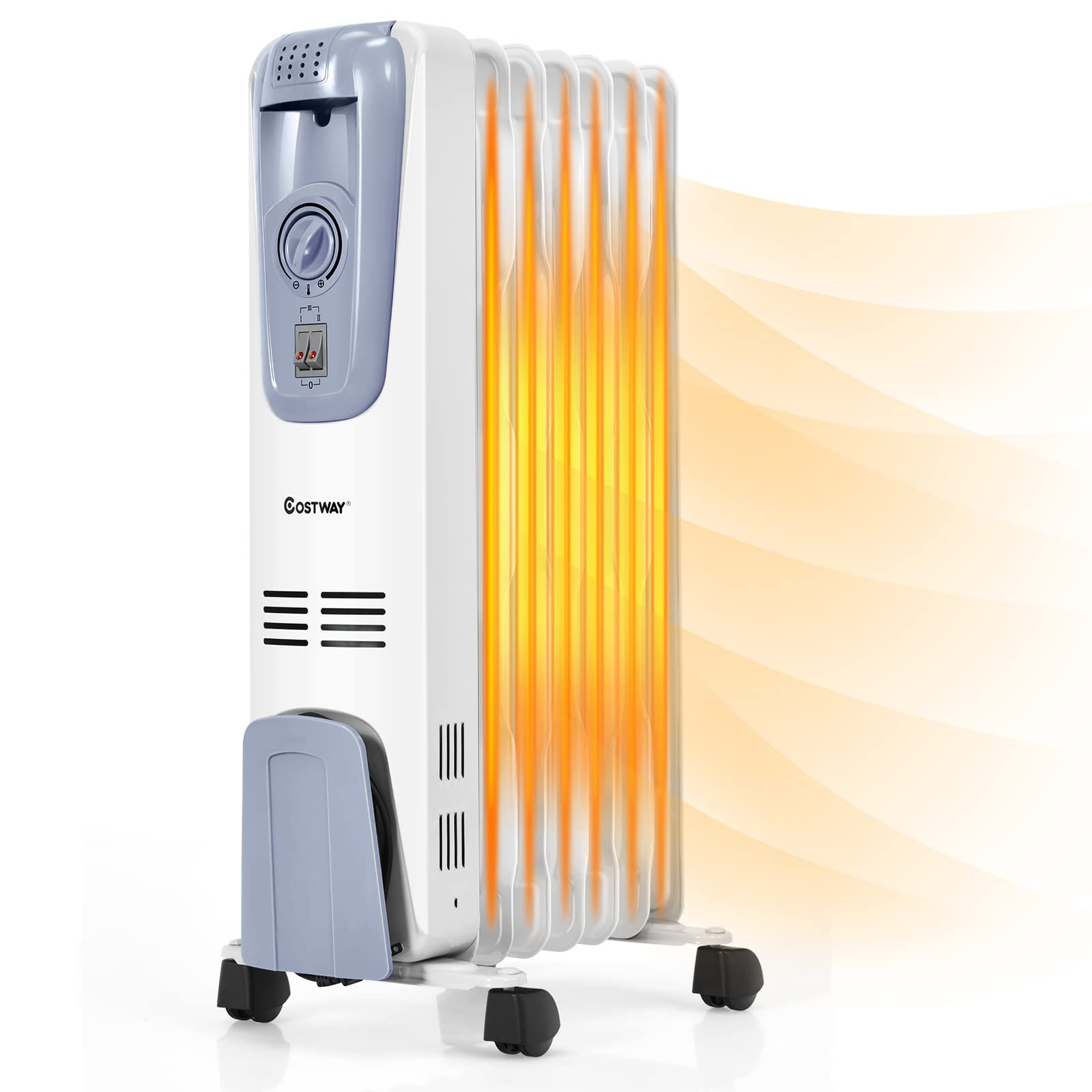 COSTWAY 1500W Oil Filled Radiator Heater - Portable Electric Space Heater with Adjustable Thermostat, 3 Heat Settings, Overheat & Tip-Over Protection - Perfect for Bedroom, Office & Indoor Use (25