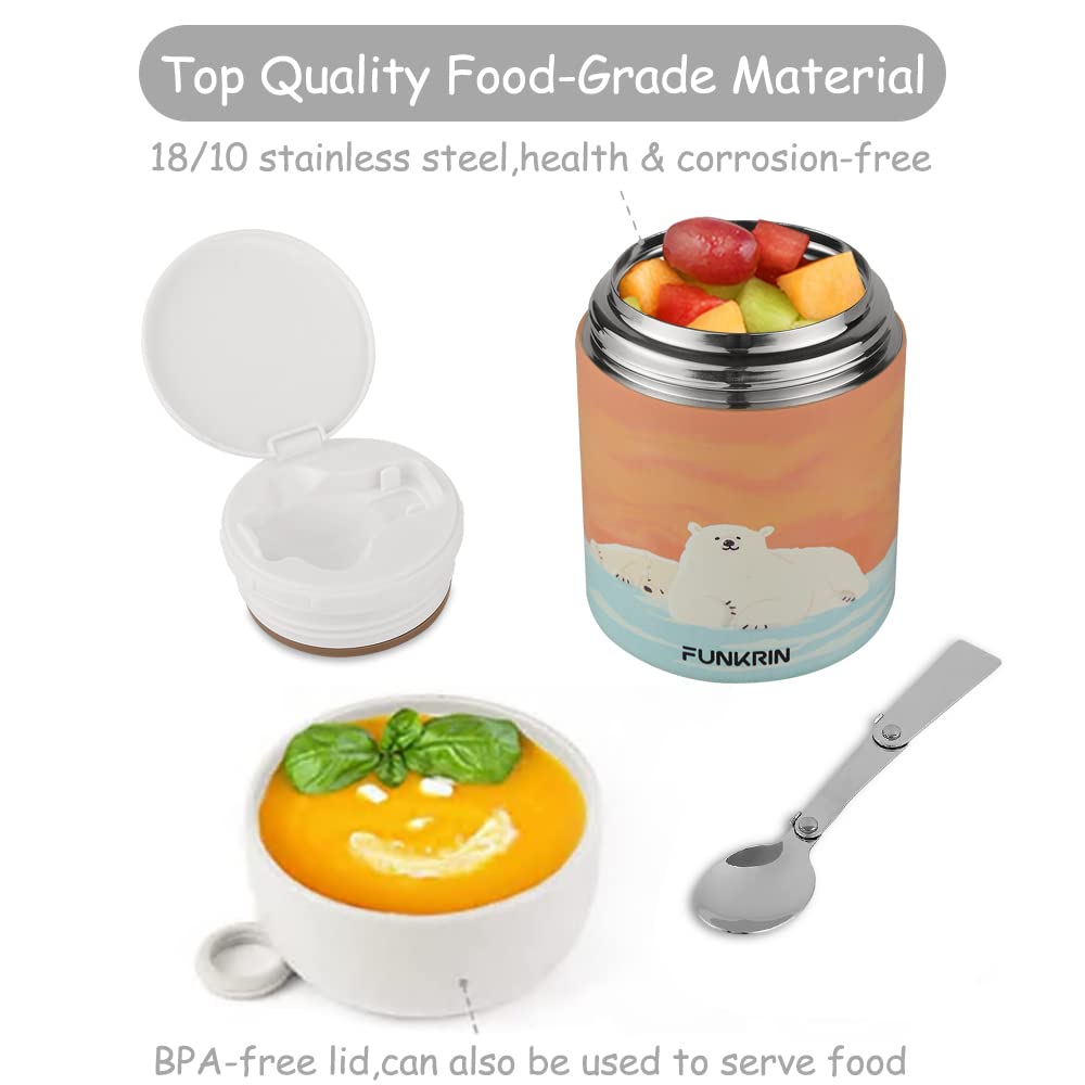 Funkrin 16oz Insulated Stainless Steel Food Jar with Folding Spoon - Leak Proof Vacuum Lunch Box for Kids & Adults - Keeps Hot & Cold Food Fresh - Perfect for School, Work, Picnics & Outdoor Activities