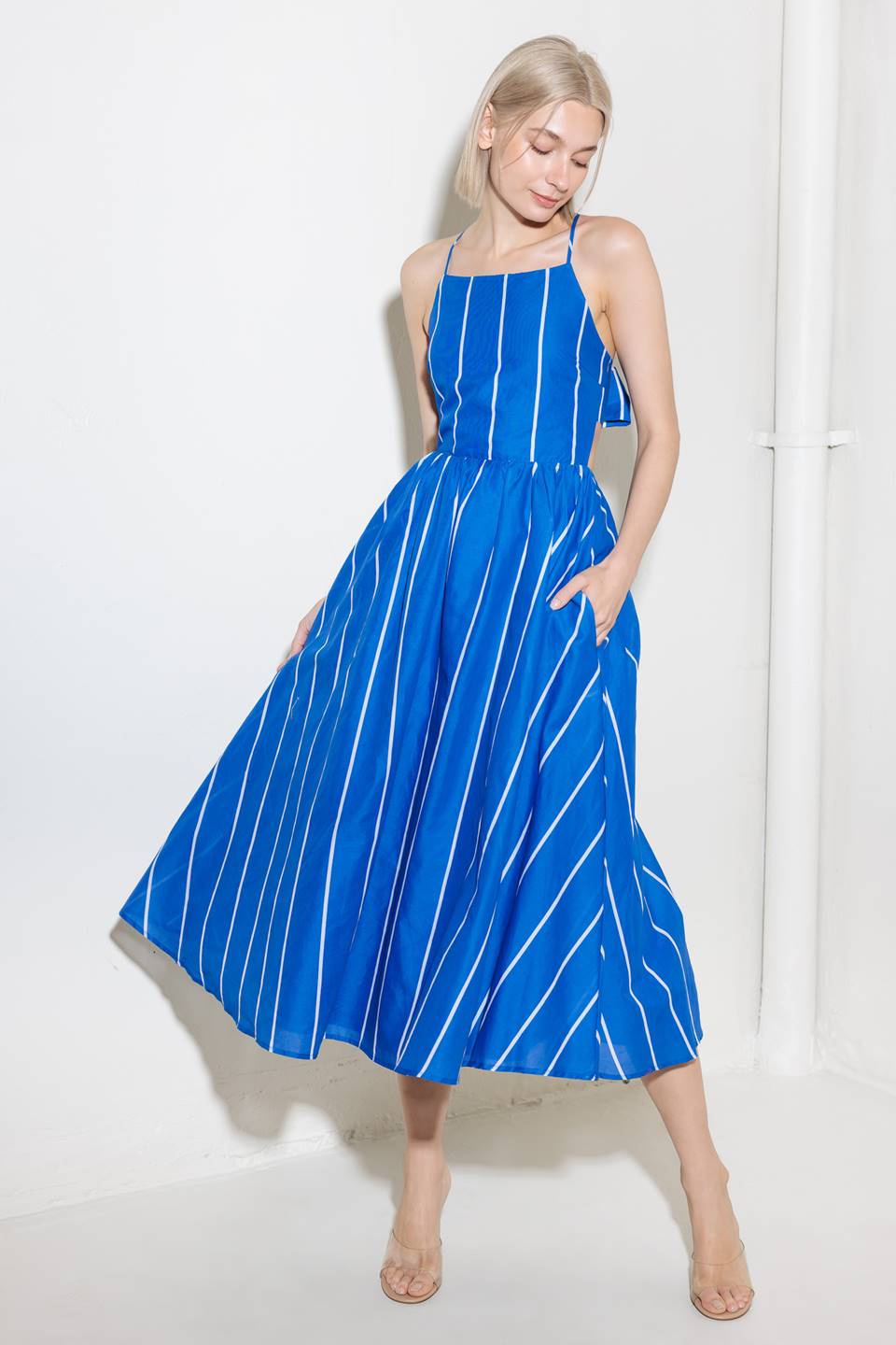 Blue Stripe Tie Back Midi Dress - Elegant Summer Casual Outfit for Beach, Brunch & Date Nights