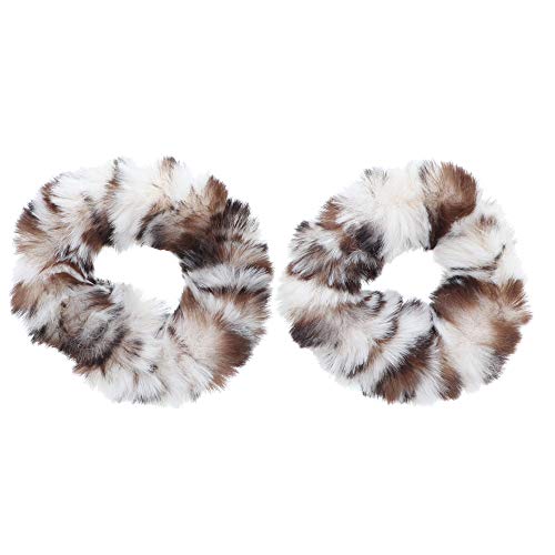 Small Two Tone Fur Scrunchies - Set of 2 (White Brown) - Perfect for Everyday Wear, Parties, and Gifts