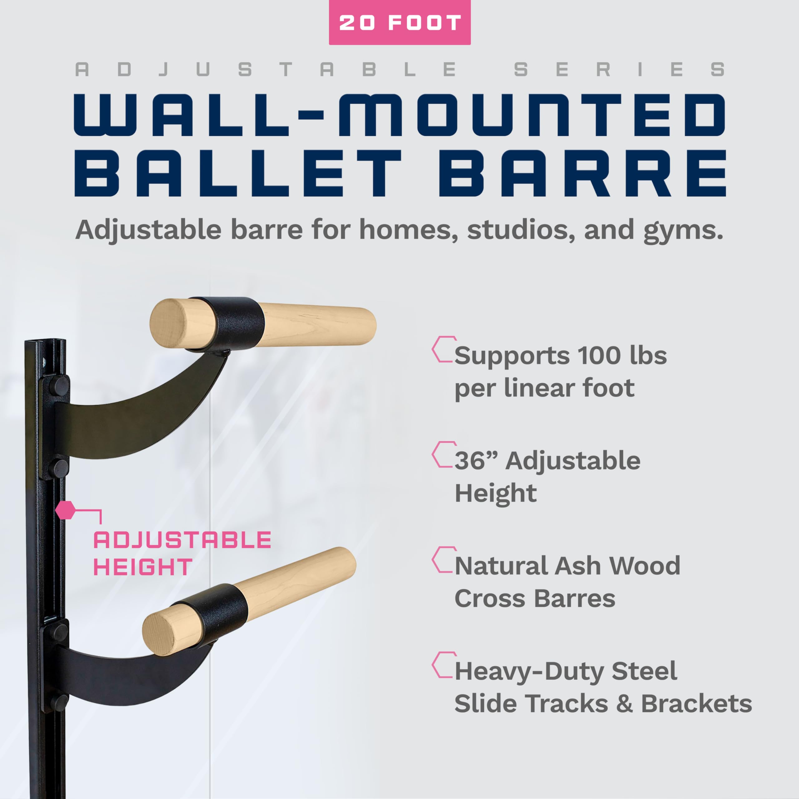 VITA Wall-Mounted Adjustable Ballet Barre - Solid Wood Dance Bar for Home, Studio & Gym - USA Made Exercise Equipment for Kids & Adults - Perfect for Ballet, Fitness, Pilates & Stretching Workouts