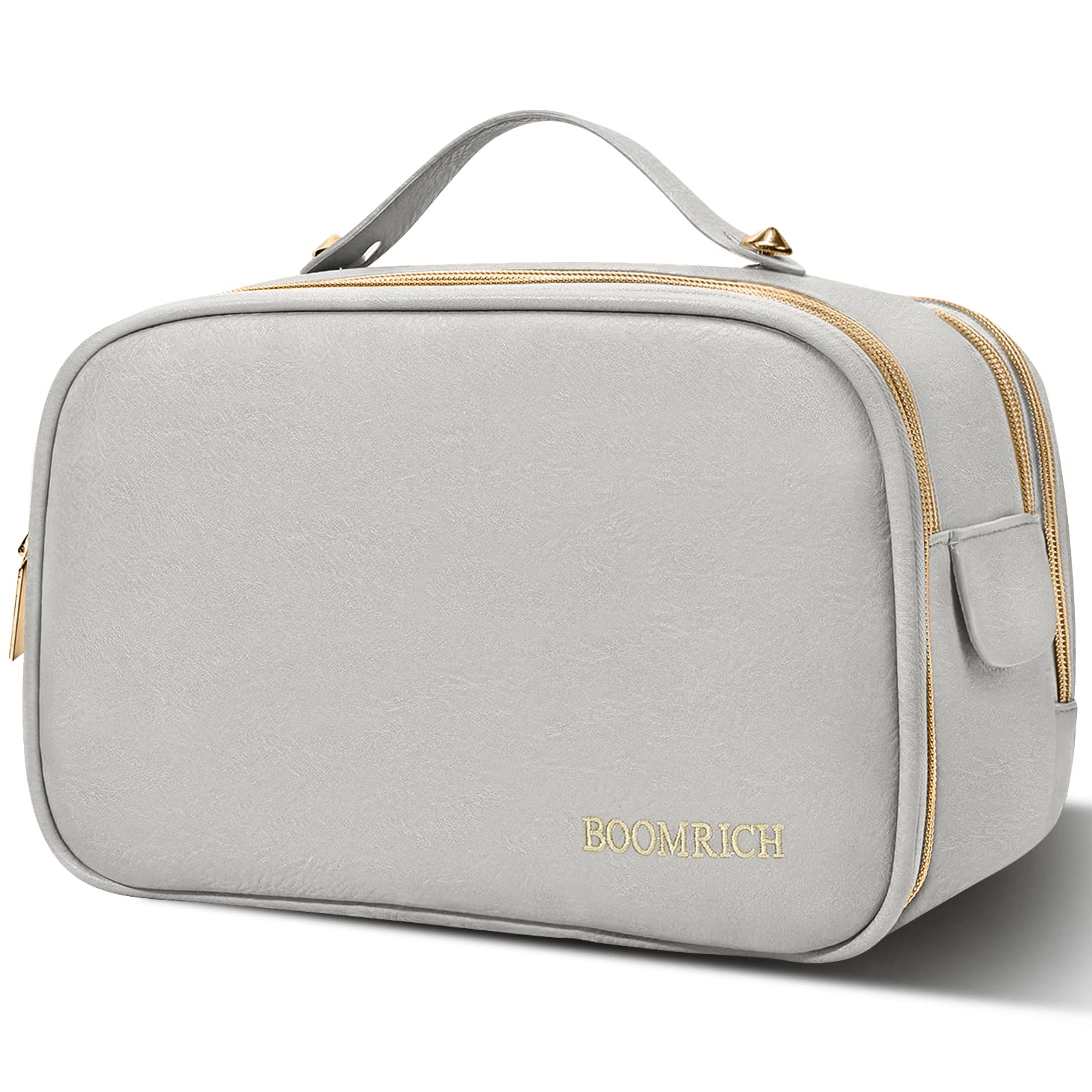 BOOMRICH Large Water-Resistant Leather Travel Makeup Bag for Women - Cosmetic & Toiletry Organizer with Multiple Pockets, Perfect for Vacation, Gym & Business Trips (Blue Grey)