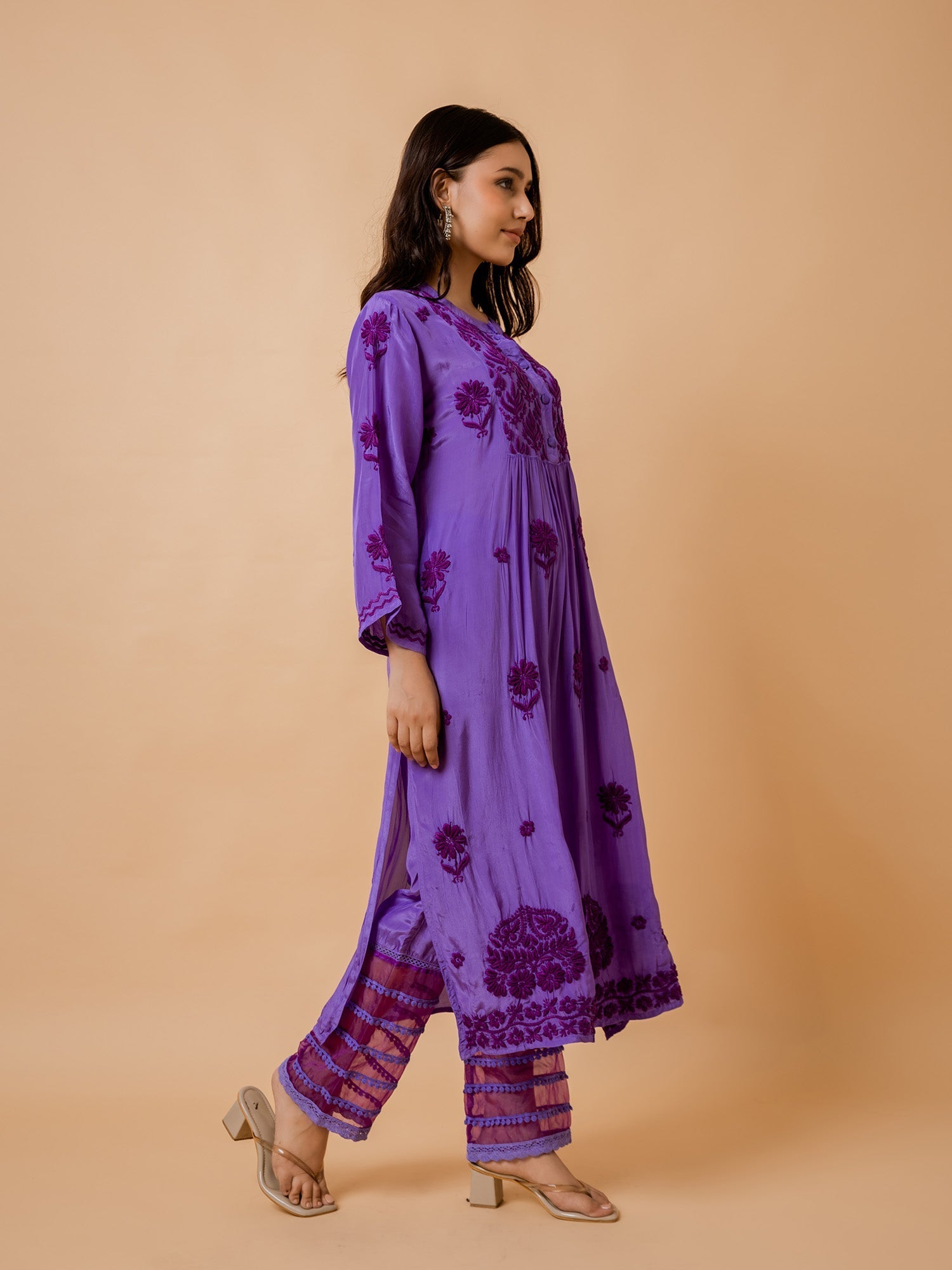 Ada Chikankari Crepe Silk Kurta for Women - Purple Spread Collar Indian Ethnic Wear | Perfect for Festivals, Weddings & Casual Outings