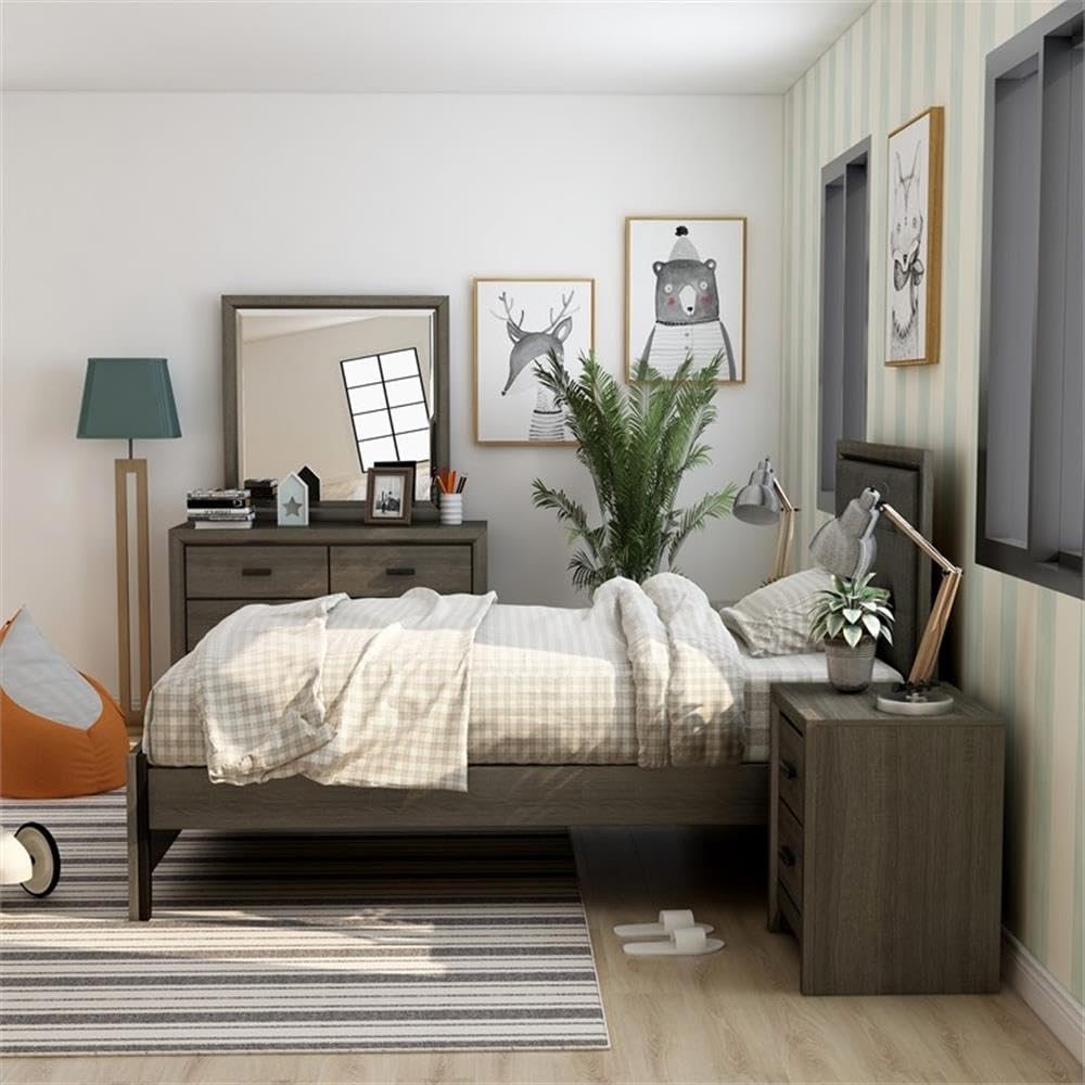 Furniture of America FOA Livorn 5-Piece Gray Wood Bedroom Set - Twin Bed, 2 Nightstands, Dresser & Mirror | Complete Bedroom Furniture for Small Spaces & Guest Rooms