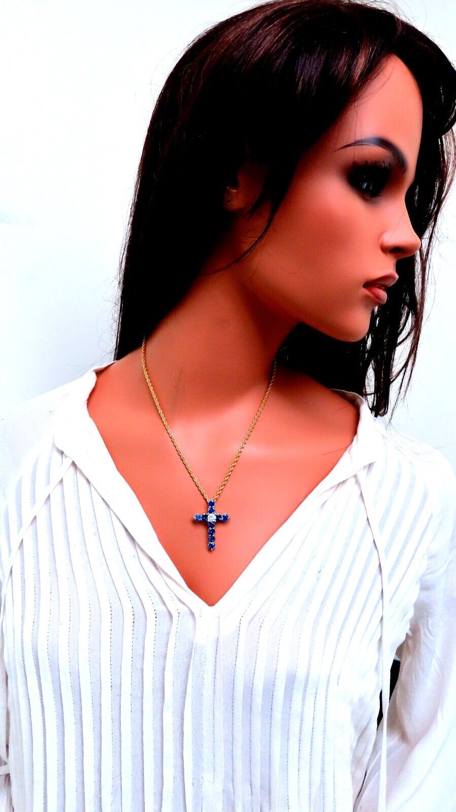 GIA Certified 1.00ct Natural Round Diamond & Sapphire Cross Pendant Necklace in 14K Gold - Perfect for Weddings, Anniversaries & Religious Gifts