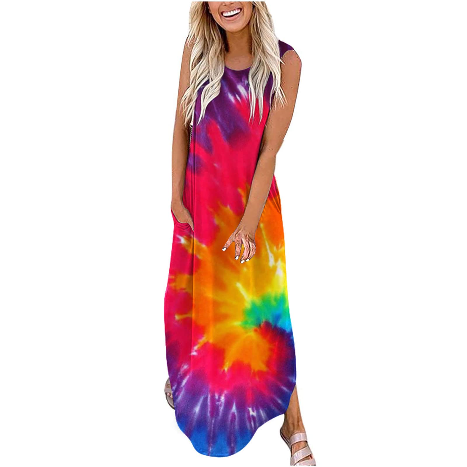 Women's Summer Sundresses - Casual Maxi Dress with Cross Round Neck, Sleeveless & Side Slit | Plus Size Beach Vacation Dress with Pockets | Perfect for Pool Parties, Tropical Getaways & Date Nights