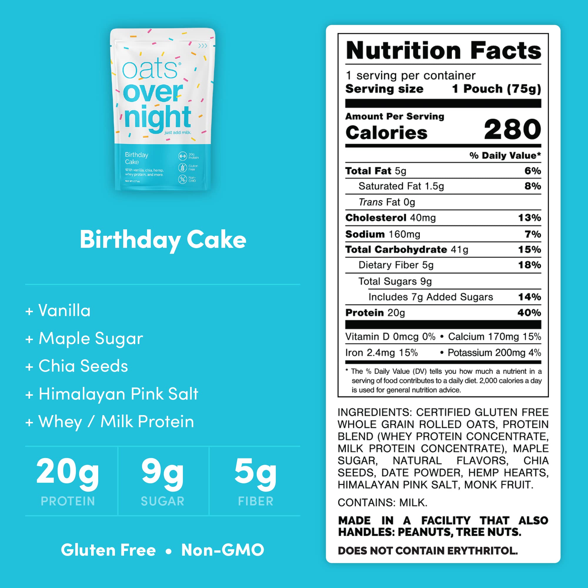 Oats Overnight Birthday Cake Protein Oatmeal - 20g Protein, 5g Fiber Gluten Free Non-GMO Breakfast Shake (8 Pack with BlenderBottle) - Perfect for Quick Morning Meals, Post-Workout Recovery & Healthy On-the-Go Snacking