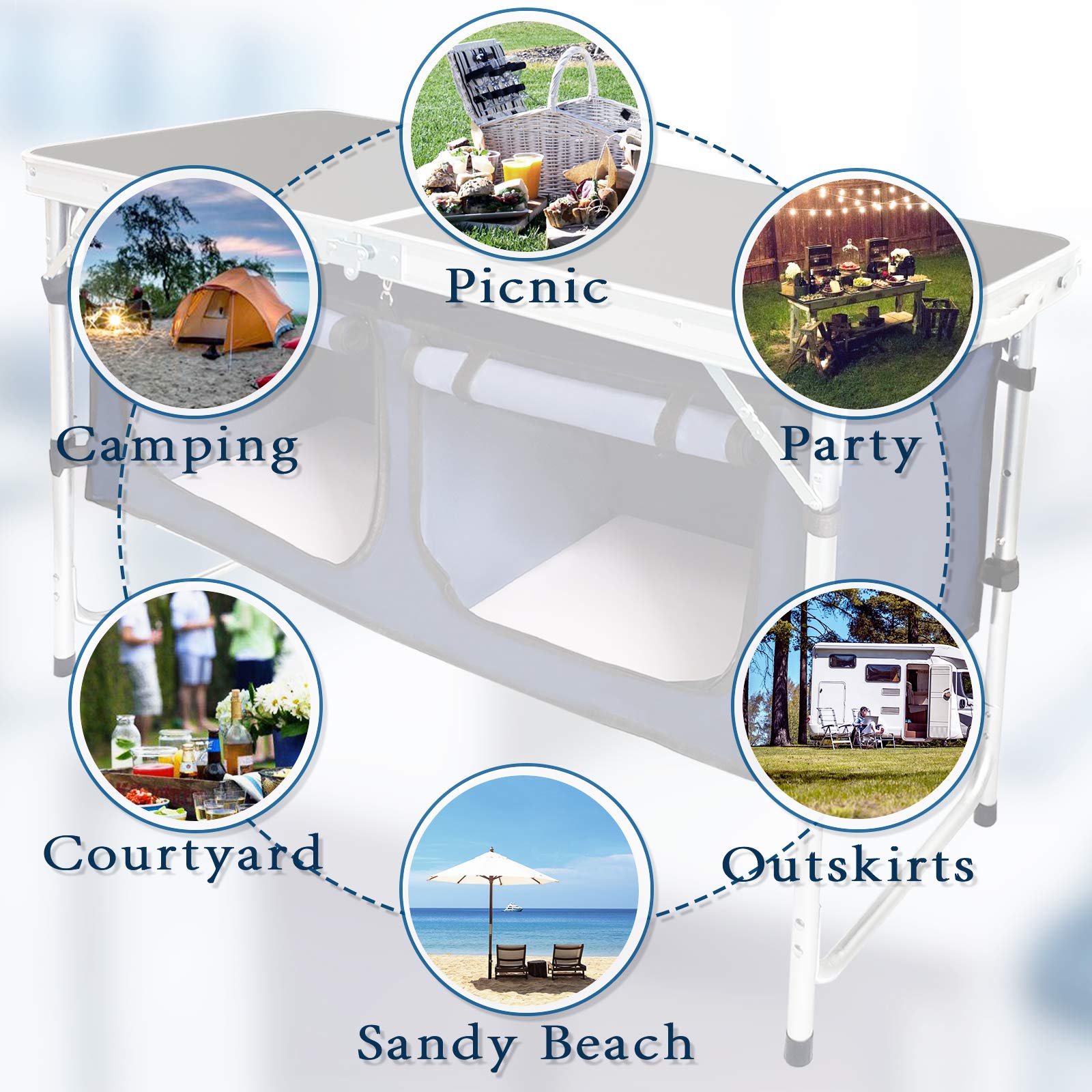 Lightweight Aluminum Folding Camping Table with Storage Compartment - Adjustable Height Portable Camp Kitchen Table for Outdoor, Tailgating, BBQ, Picnic, Backyard & Indoor Use - Perfect for Camping, Hiking, Beach Trips and Home Entertaining