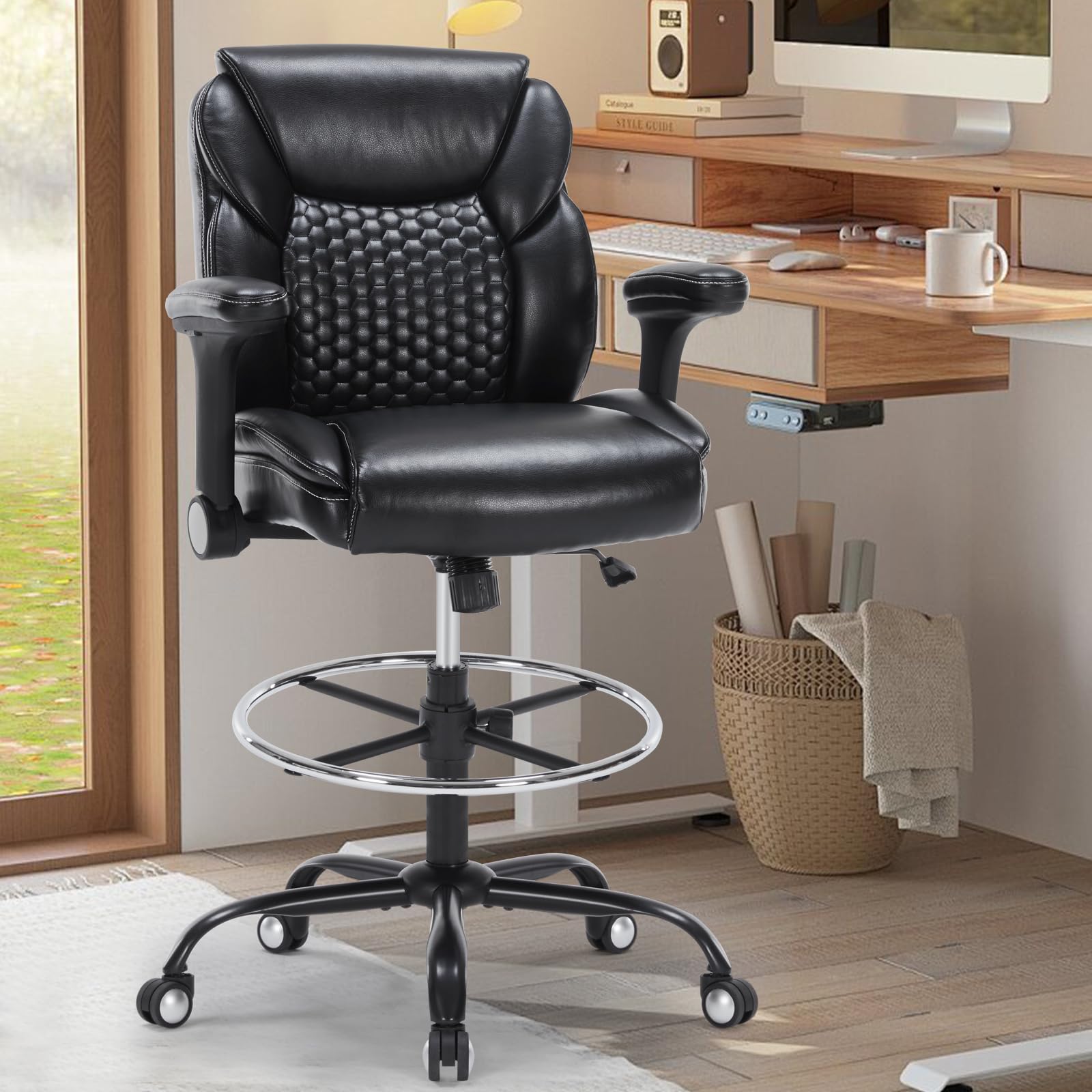Ergonomic Drafting Chair with Adjustable Arms & Foot Ring - PU Leather High Office Chair for Counter Height Desks, Swivel Computer Stool (Black) - Perfect for Architects, Designers & Home Office Workspaces