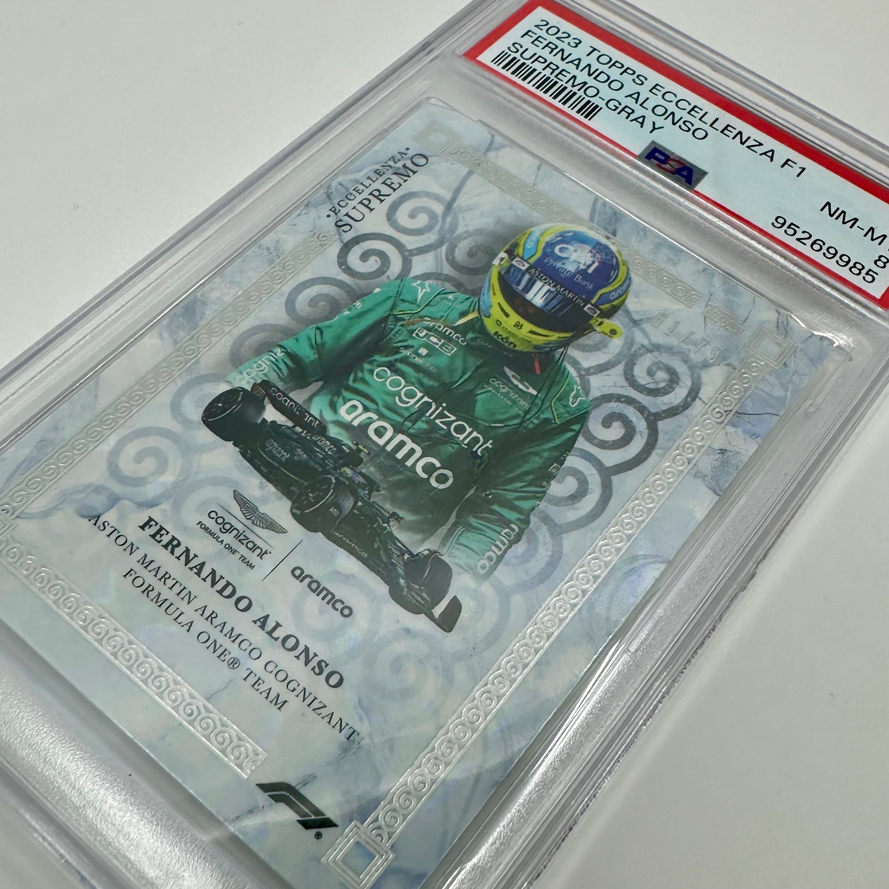 PSA 8 Fernando Alonso 2023 Topps Eccellenza Supremo Gray 01/75 - Rare Collectible Trading Card for Sports Memorabilia Enthusiasts