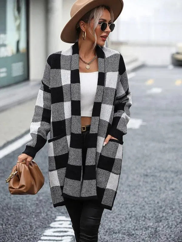 Stylish Loose Plaid Color Block Knit Cardigan Sweater for Women - Cozy Fall & Winter Fashion - Perfect for Office, Dating and Casual Outings
