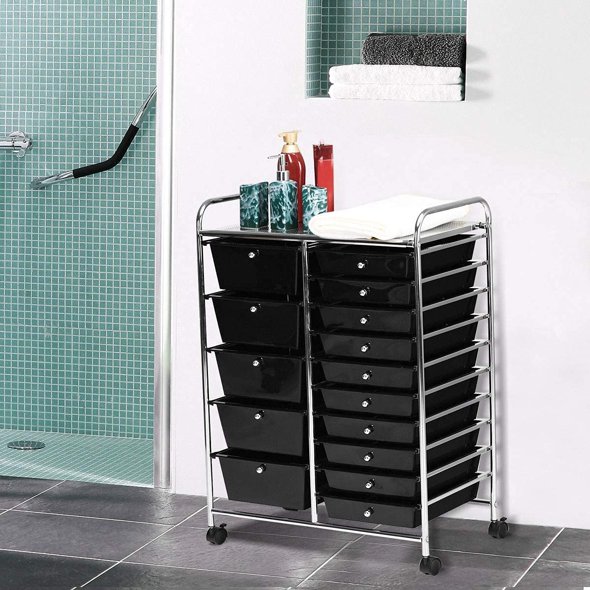 15-Drawer Rolling Storage Cart with Lockable Wheels - Mobile Utility Organizer for Home, Office & School - Perfect for Craft Rooms, Garages & Classrooms - Black