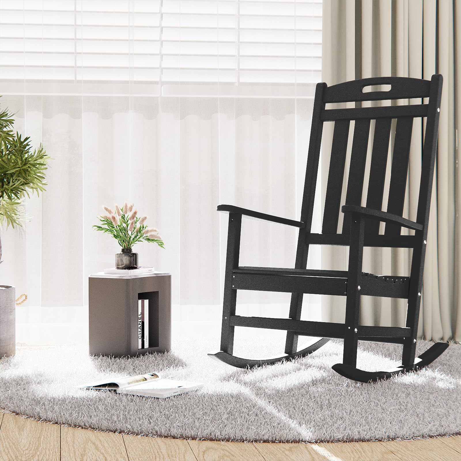 **Outdoor Rocking Chair - High Back HDPE Patio Rocker, All-Weather Resistant Porch & Lawn Chair for Deck, Backyard, Garden or Indoor Use - Perfect for Relaxing, Reading & Enjoying Nature (Black)**