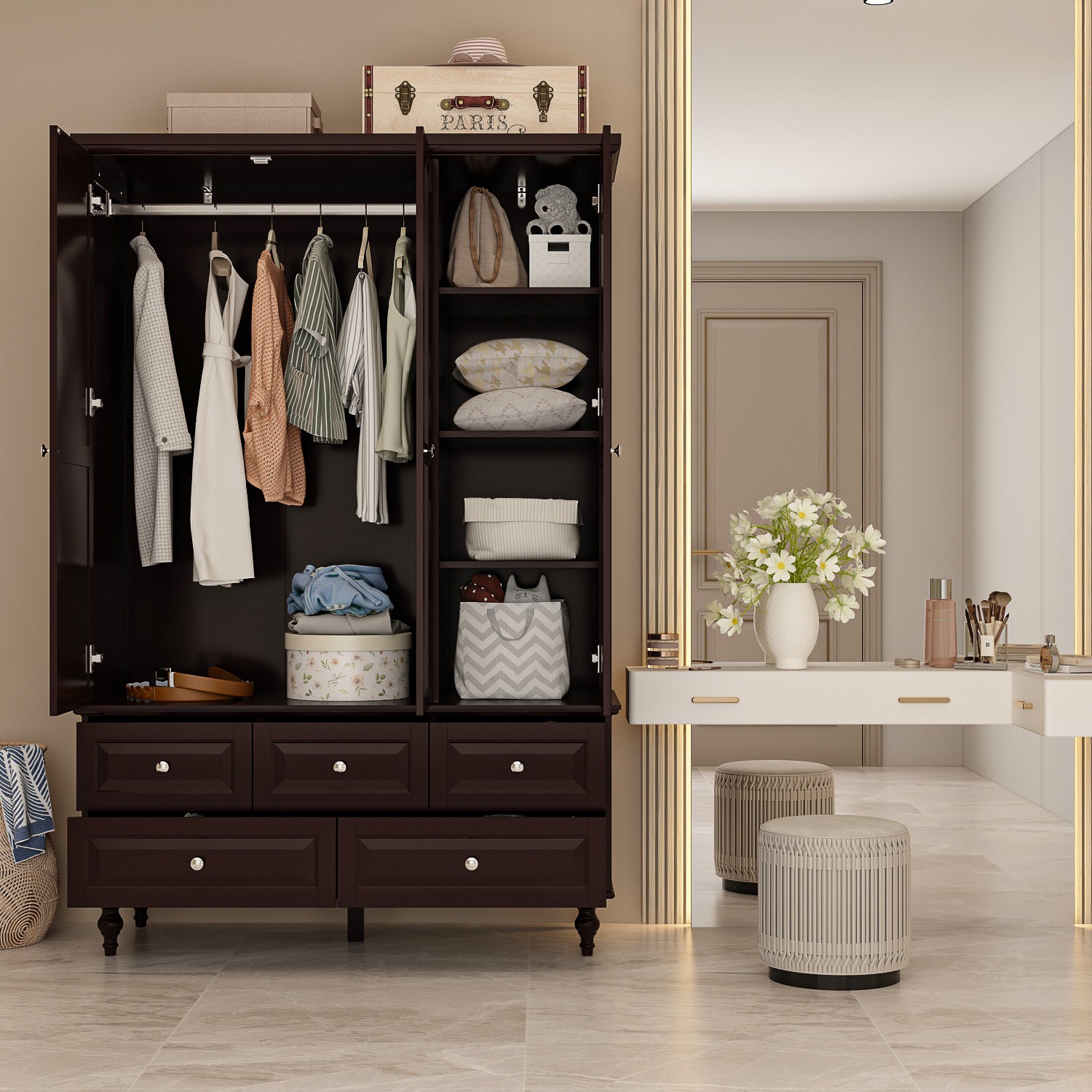 Large Armoire Closet Organizer Wardrobe with 3 Doors & 5 Drawers - Spacious Storage for Bedroom, Closet & Dorm Organization