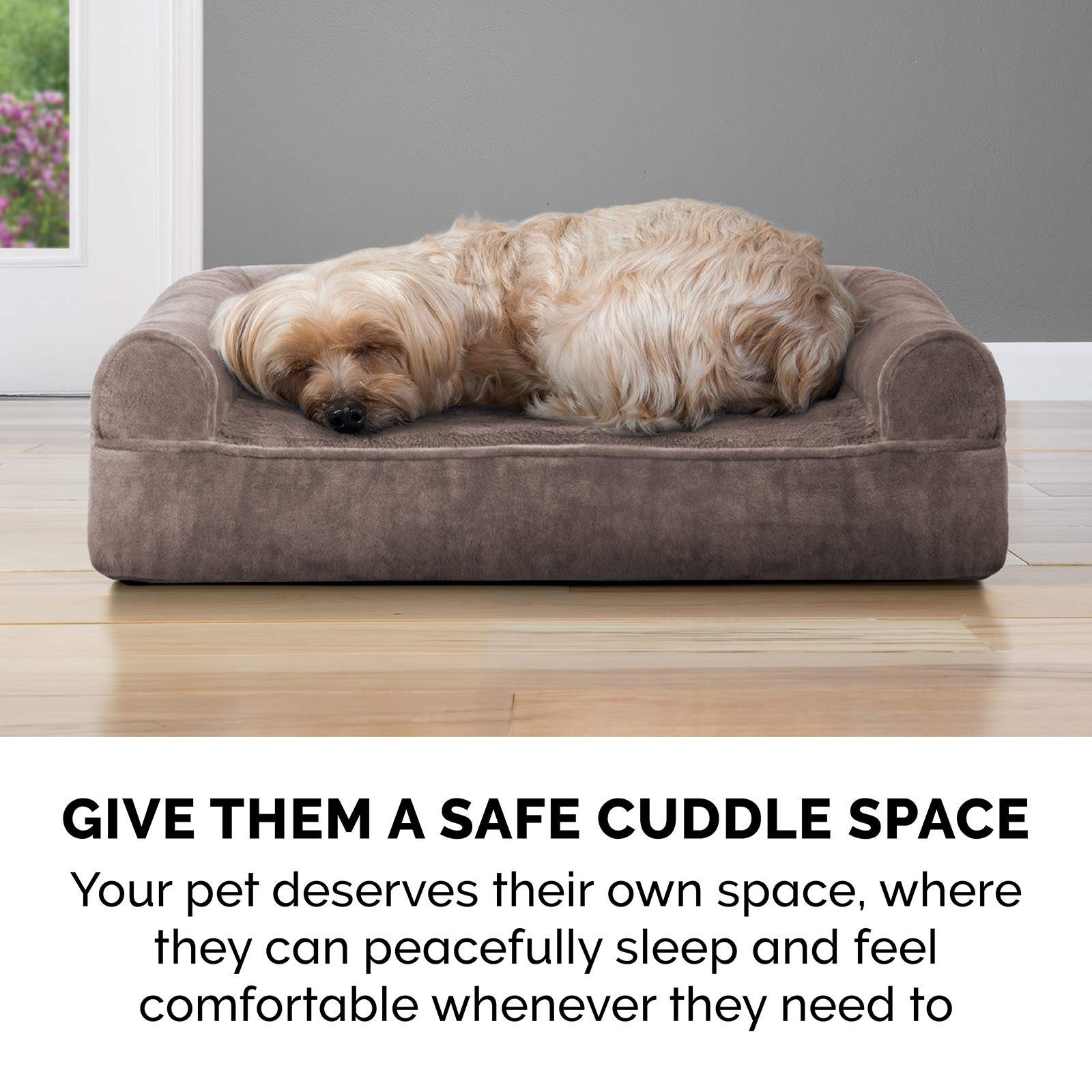 Furhaven Orthopedic Dog Bed for Large & Medium Dogs - Removable Bolsters & Washable Cover - Supports Up to 55 lbs - Plush Faux Fur & Velvet Sofa Design - Driftwood Brown (Large Size) - Perfect for Living Room, Bedroom or Pet-Friendly Spaces