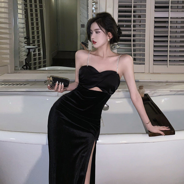 Sexy Black Backless Spaghetti Strap Dress with High Slits - Elegant French Evening Gown for Date Night, Party & Special Occasions