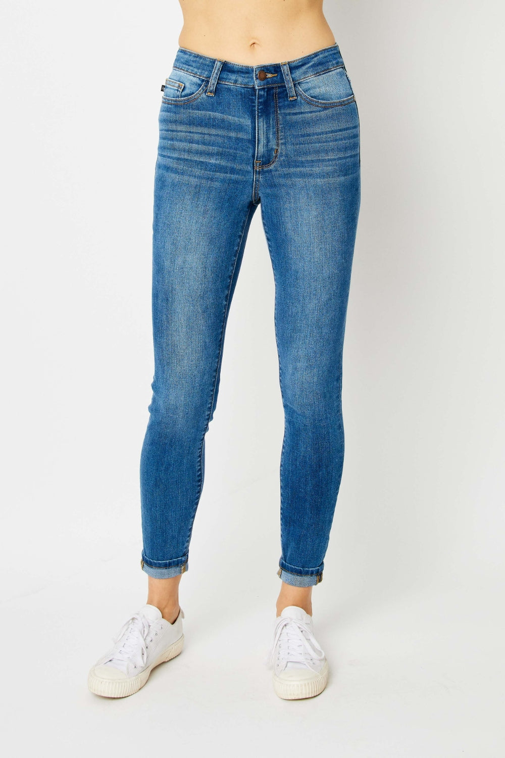 Judy Blue Women's Cuffed Hem Skinny Jeans - High Waist Stretch Denim Pants for Everyday Wear & Casual Outfits