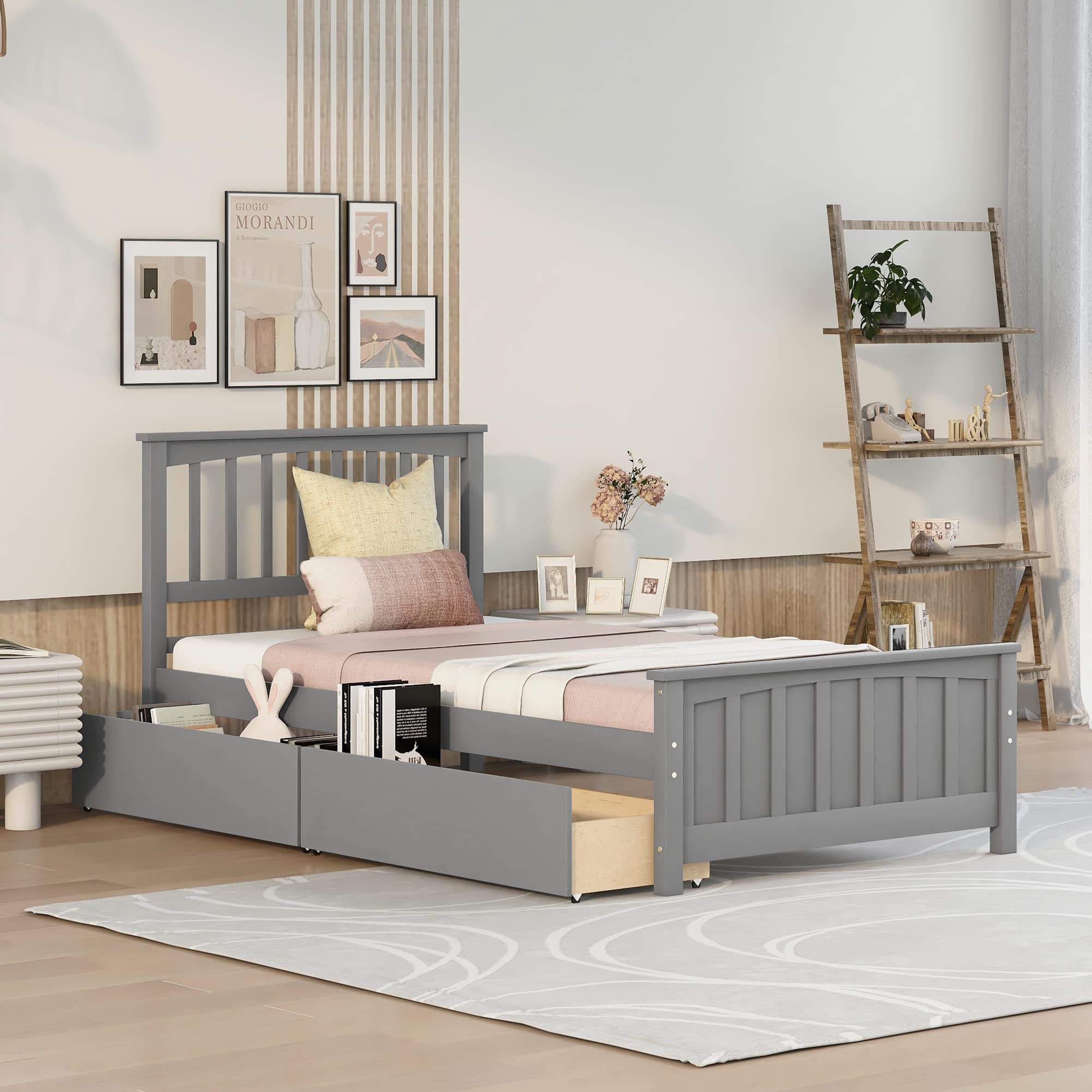 MERITLINE Twin Platform Bed Frame with Storage Drawers - Solid Wood Bed for Kids & Teens - Grey - Space-Saving Bedroom Furniture for Small Rooms & Dormitories