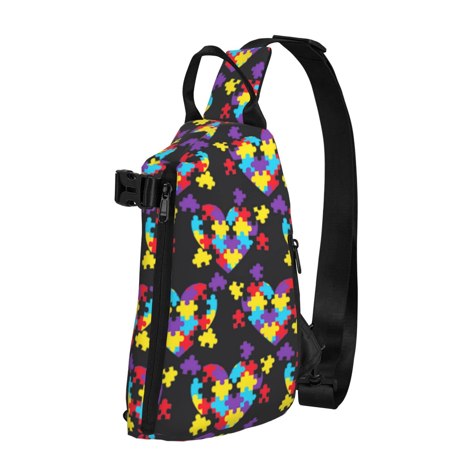 **Autism Awareness Sling Bag - Colorful Puzzle & Love Heart Design, Lightweight Anti-Theft Crossbody Backpack for Men & Boys - Perfect for Hiking, Travel, Cycling & Gym**