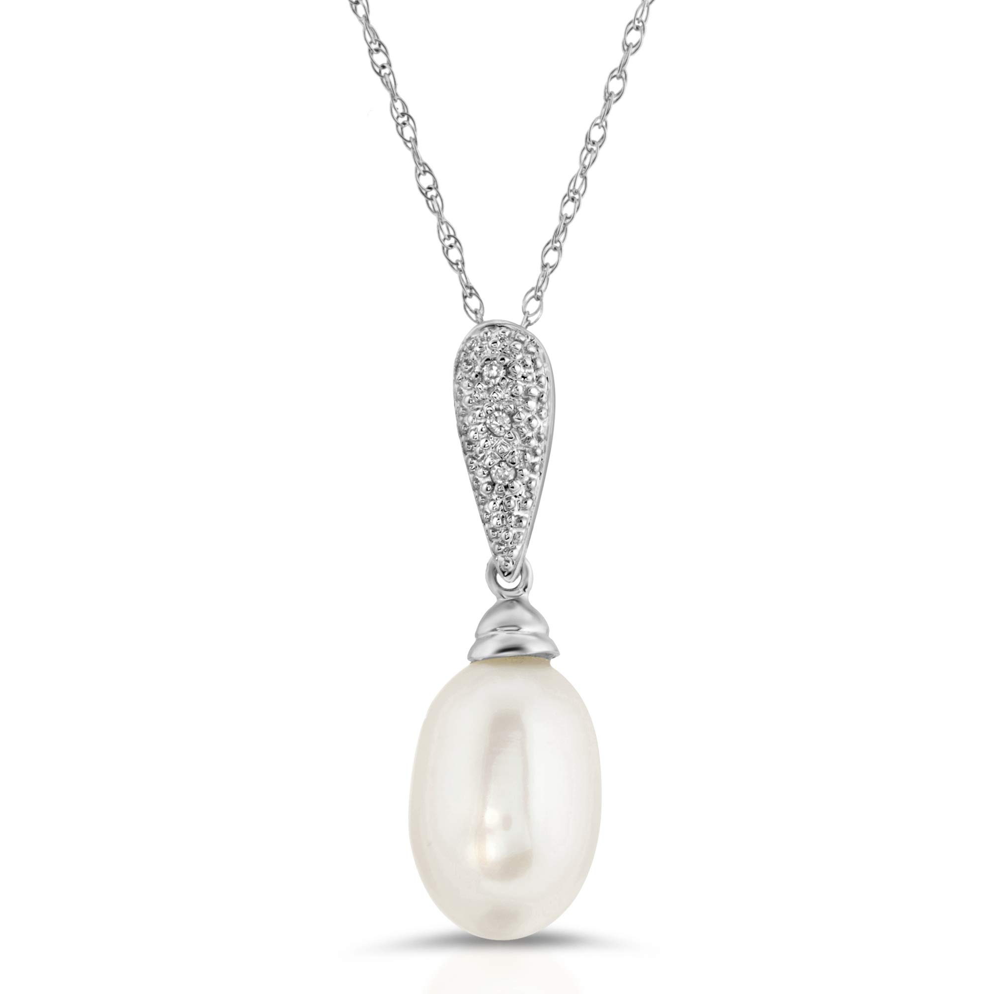 14K Gold Cultured Freshwater Pearl & White Diamond Pendant Necklace - 0.02cts Elegant Jewelry for Women, Perfect Gift for Anniversary, Wedding & Special Occasions