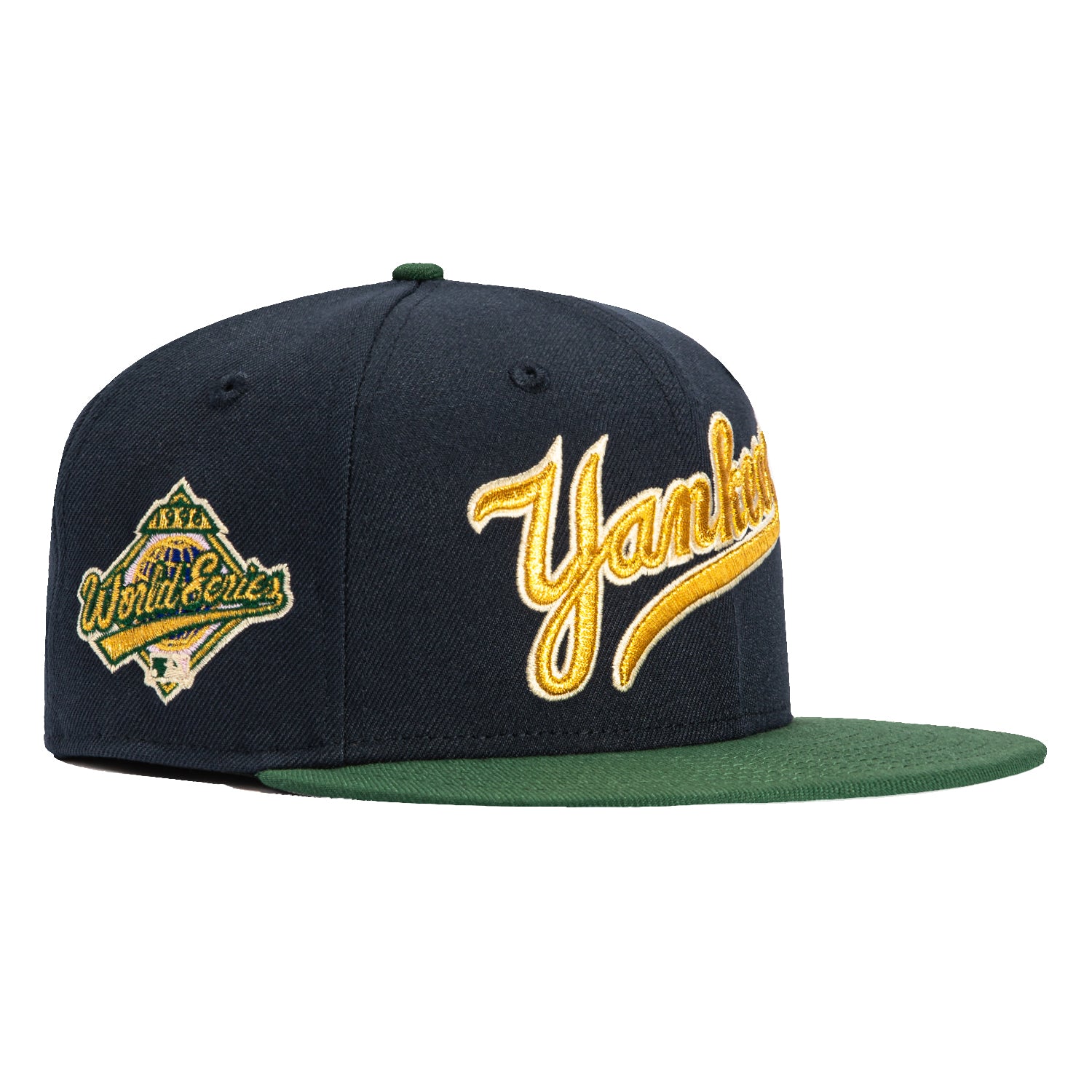 New Era 59Fifty New York Yankees 1996 World Series Patch Script Baseball Cap - Navy, Green, Metallic Gold - Perfect for Baseball Games, Fan Collections & Streetwear Fashion