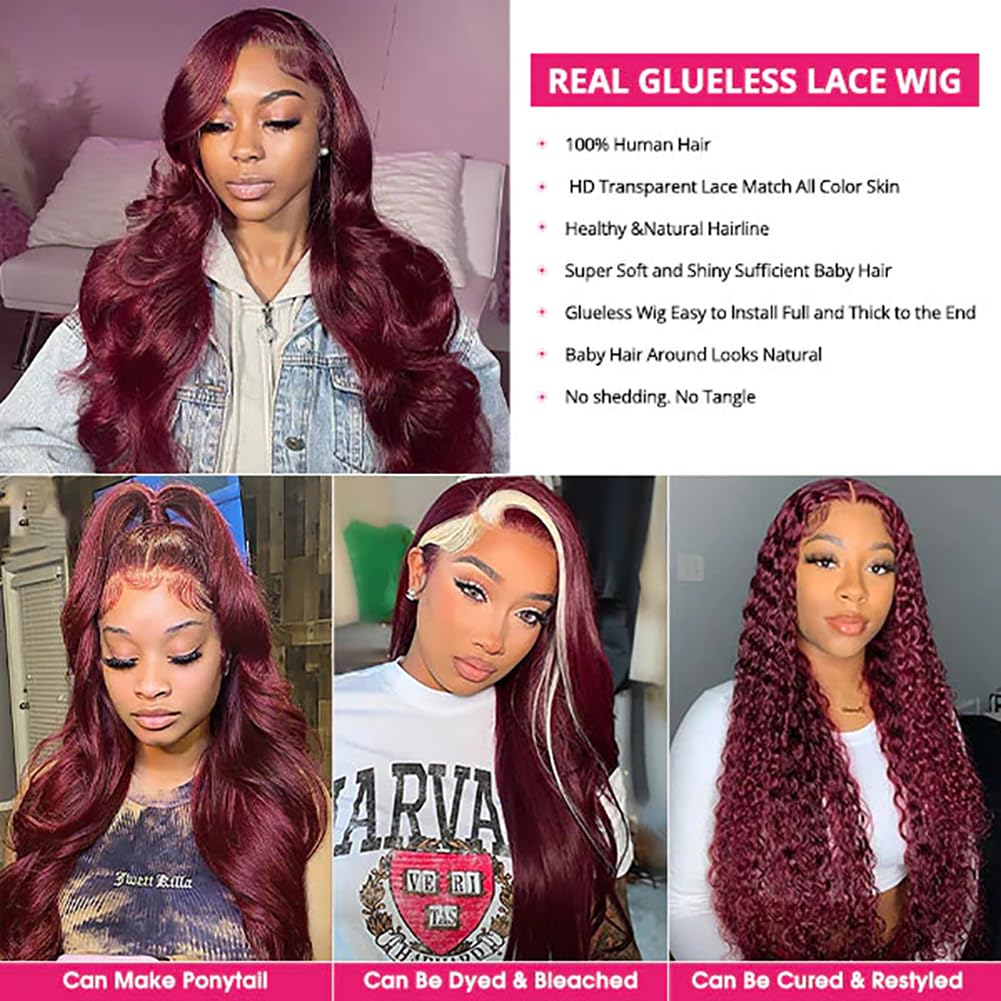 99J Burgundy 30 Inch Human Hair Lace Front Wig - Glueless Pre Plucked Pre Cut 5x5 HD Body Wave Lace Closure Wig for Beginners | Perfect for Daily Wear, Parties & Special Occasions