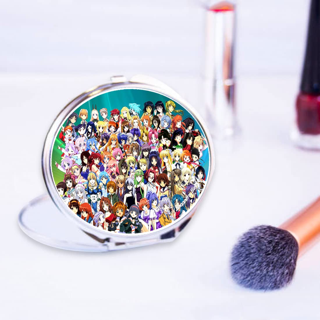 Anime Oval Makeup Mirror - Dual Sided Compact for Women Travel & Purse