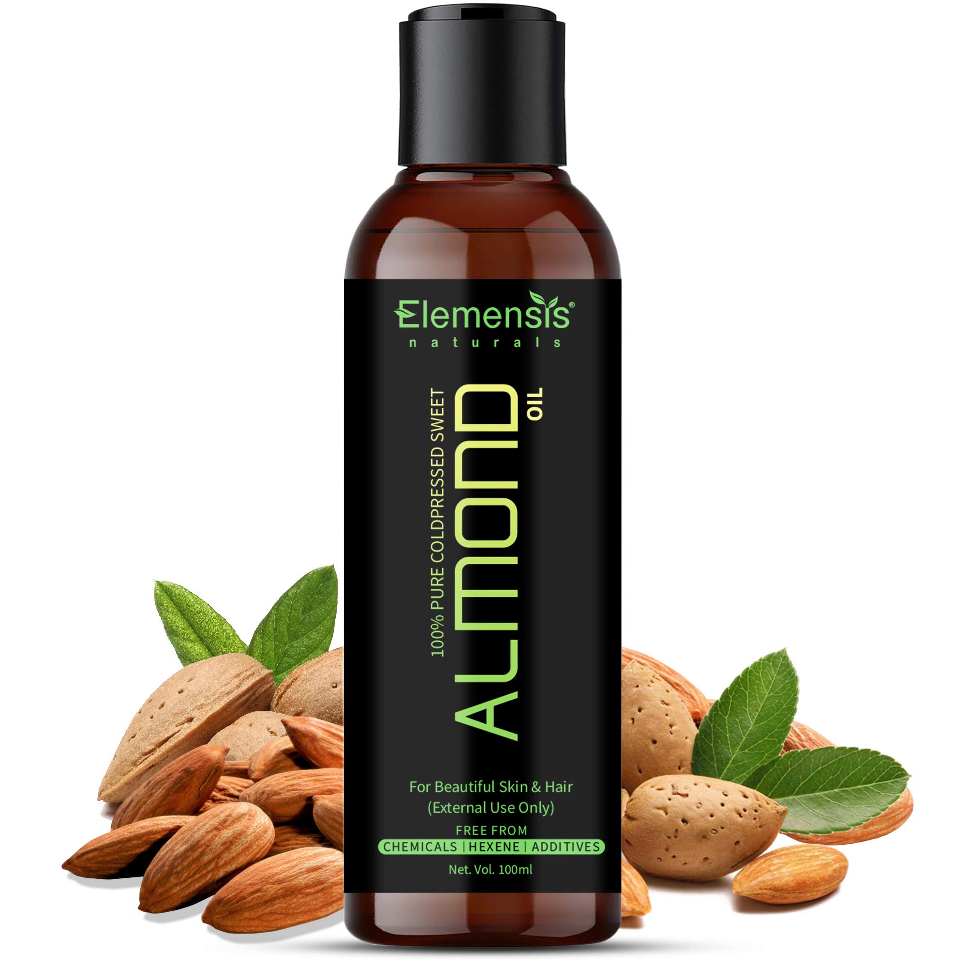 Elemensis Naturals 100% Pure Cold Pressed Almond Oil for Hair Growth & Skin Care - 100ml | Natural Moisturizer for Dry Scalp, Split Ends & Glowing Skin