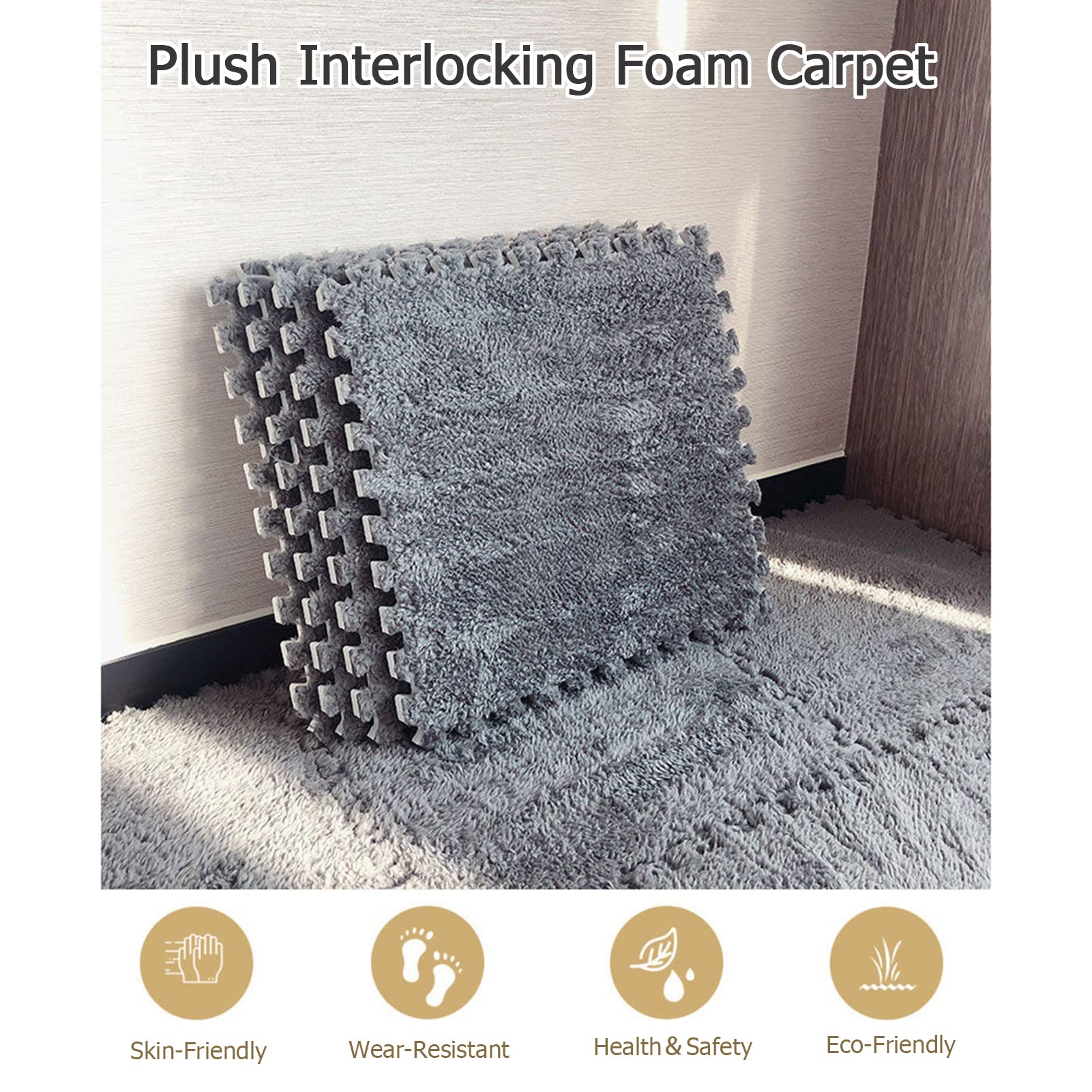 12-Piece 24x24 Inch Soft Plush Foam Interlocking Floor Mats for Kids - Non-Slip Puzzle Play Mat, Fluffy Area Rug for Baby Crawling & Toddler Playtime (White & Grey) - Perfect for Nursery, Playroom & Daycare Safety Flooring