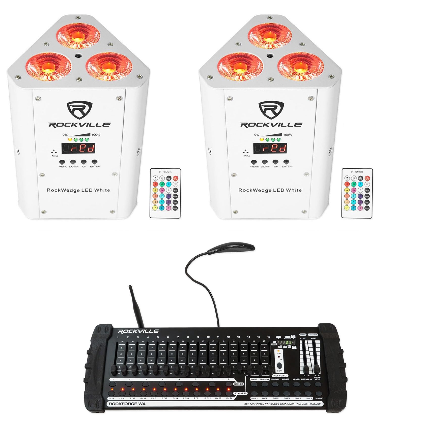 Rockville RockWedge White LED Battery Powered Stage Lights with 384 Channel Wireless DMX Controller - Perfect for DJ Shows, Concerts, and Live Events