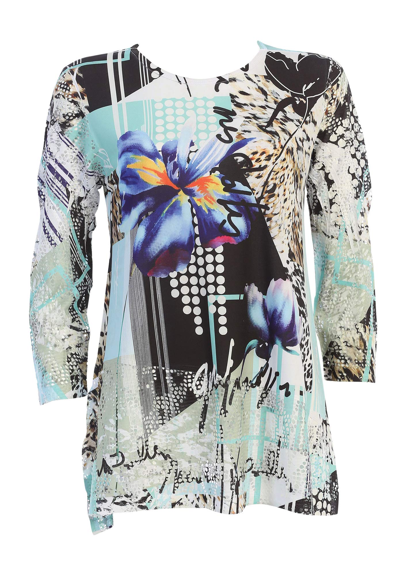 Jess & Jane Women's Iris Crochet Mesh Contrast Tunic Top - Floral Lace Summer Blouse for Casual Outings, Beach Cover-Up & Boho Fashion