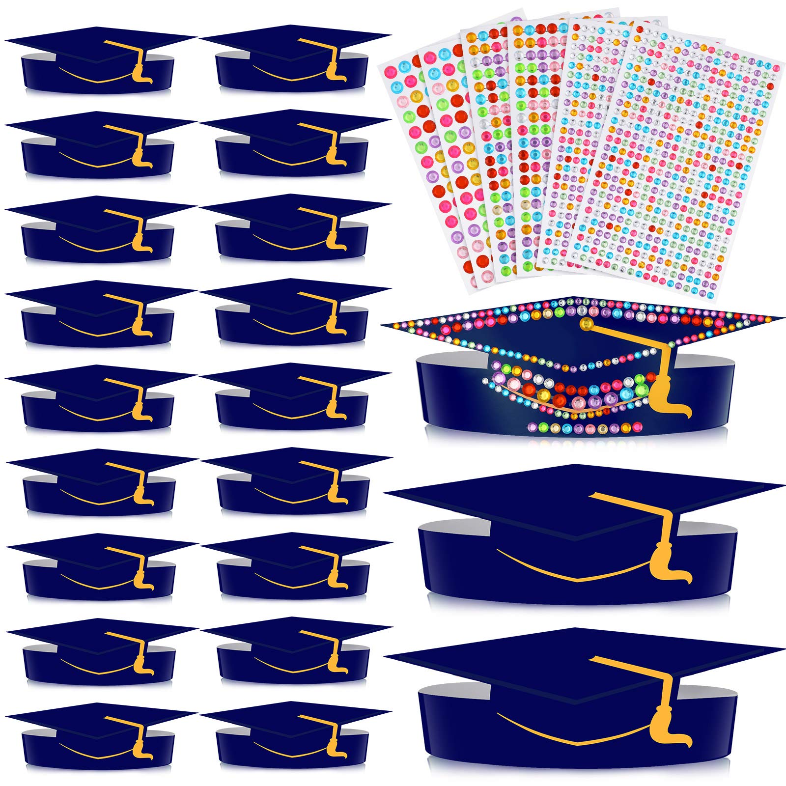 36-Piece Graduation Party Hat & Crown Set with Rhinestone Stickers - Blue Graduation Gifts for Kids, Students - Perfect for Grad Ceremony Decorations, School Parties & Celebration Favors