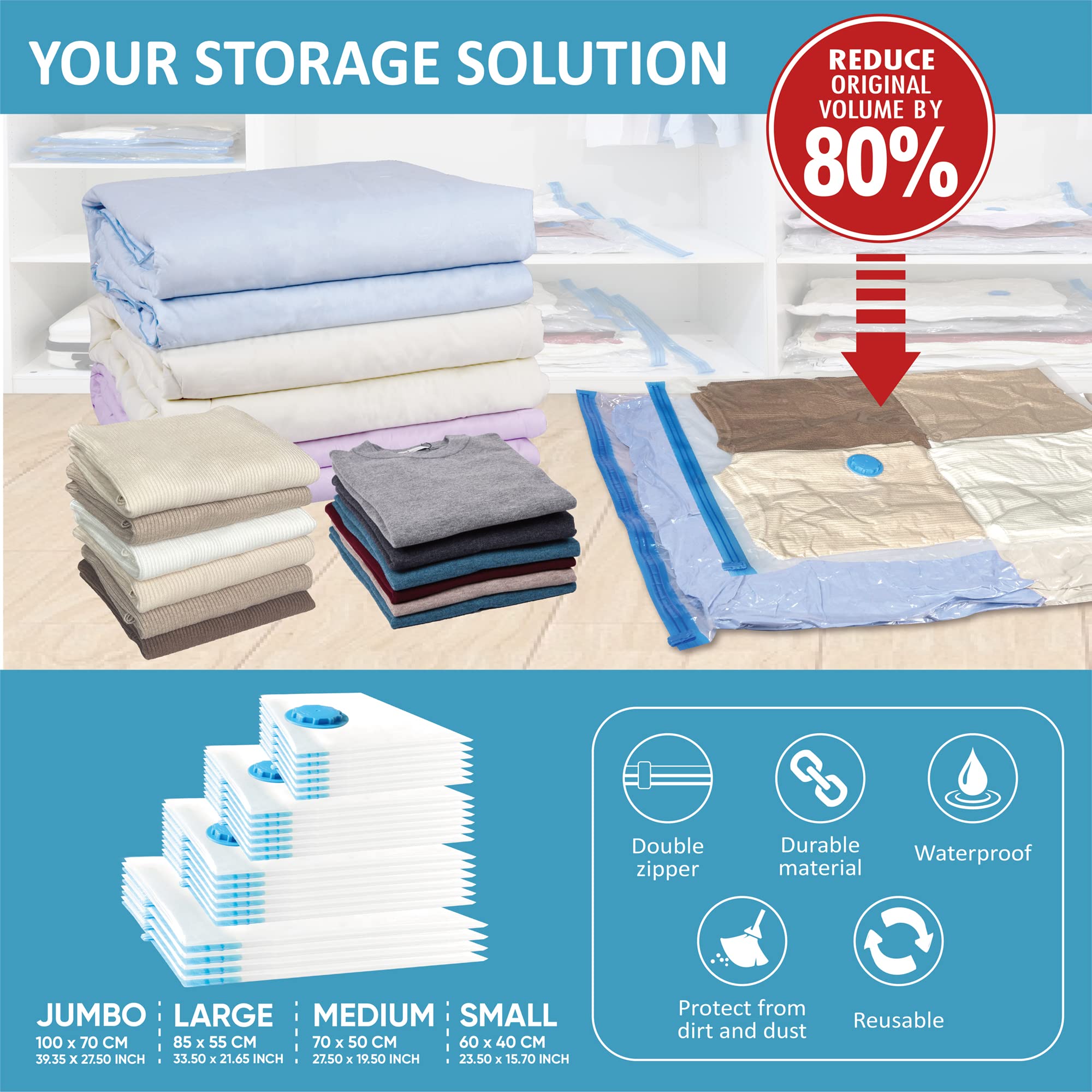 22 Space Saver Vacuum Storage Bags Set (4 Jumbo/6 Large/6 Medium/6 Small) with Hand Pump - Airtight Compression Bags for Clothes, Comforters, Pillows, Blankets & Bedding Storage - Perfect for Travel, Moving & Seasonal Organization