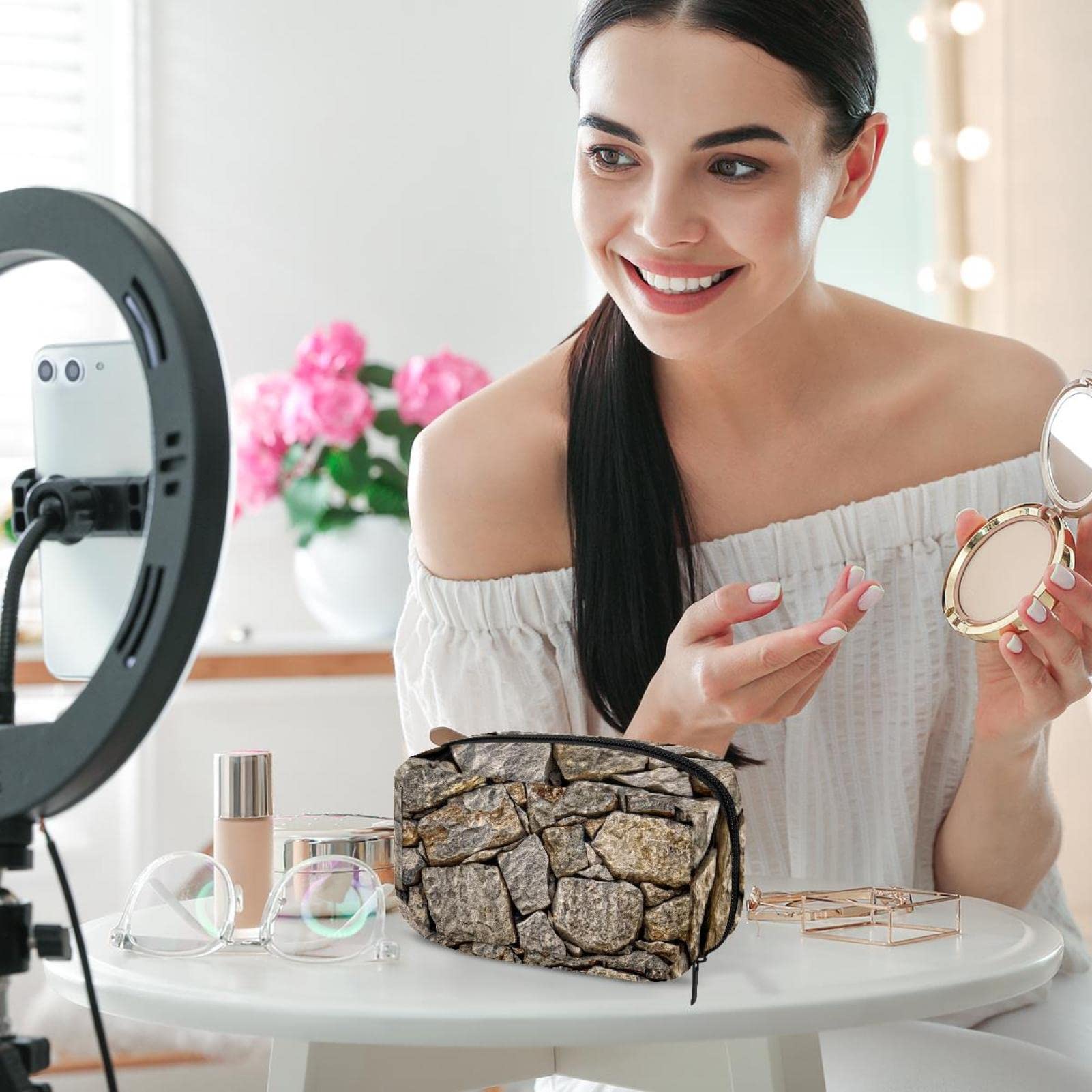 Waterproof Cosmetic Zipper Pouch - Travel Makeup Bag for Women, Durable Toiletry Organizer with Stones Wall Design | Perfect for Travel, Gym & Daily Essentials Storage