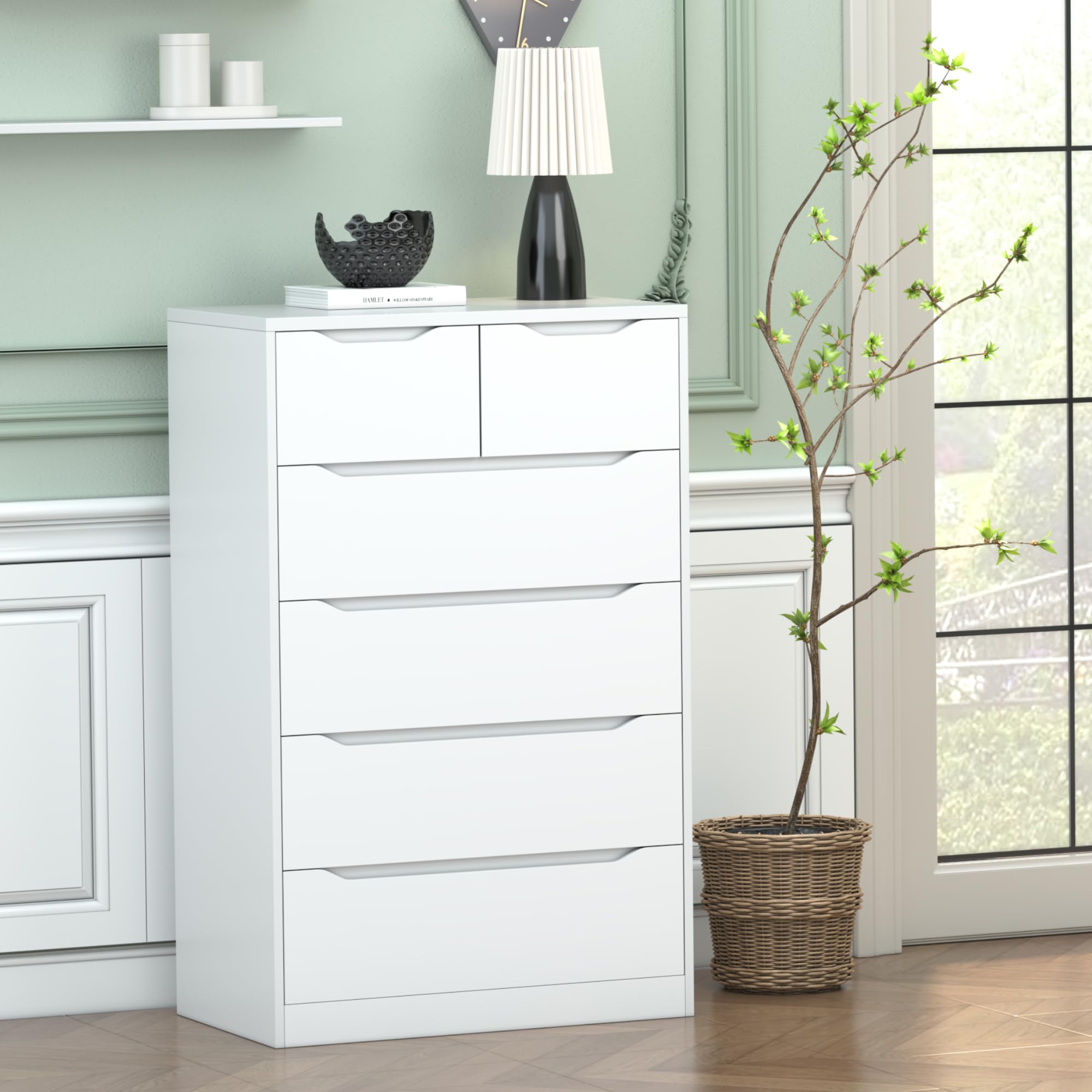 INTERGREAT 6-Drawer Tall Dresser for Bedroom - Modern White Chest of Drawers with Large Storage Space, 27.5