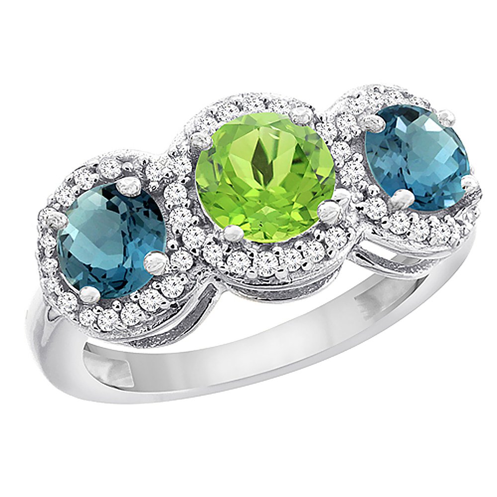 14K White Gold Natural Peridot & London Blue Topaz 3-Stone Ring with Diamond Accents - Sizes 5-10 | Elegant Birthstone Jewelry for Women, Perfect for Anniversaries, Engagements & Special Occasions