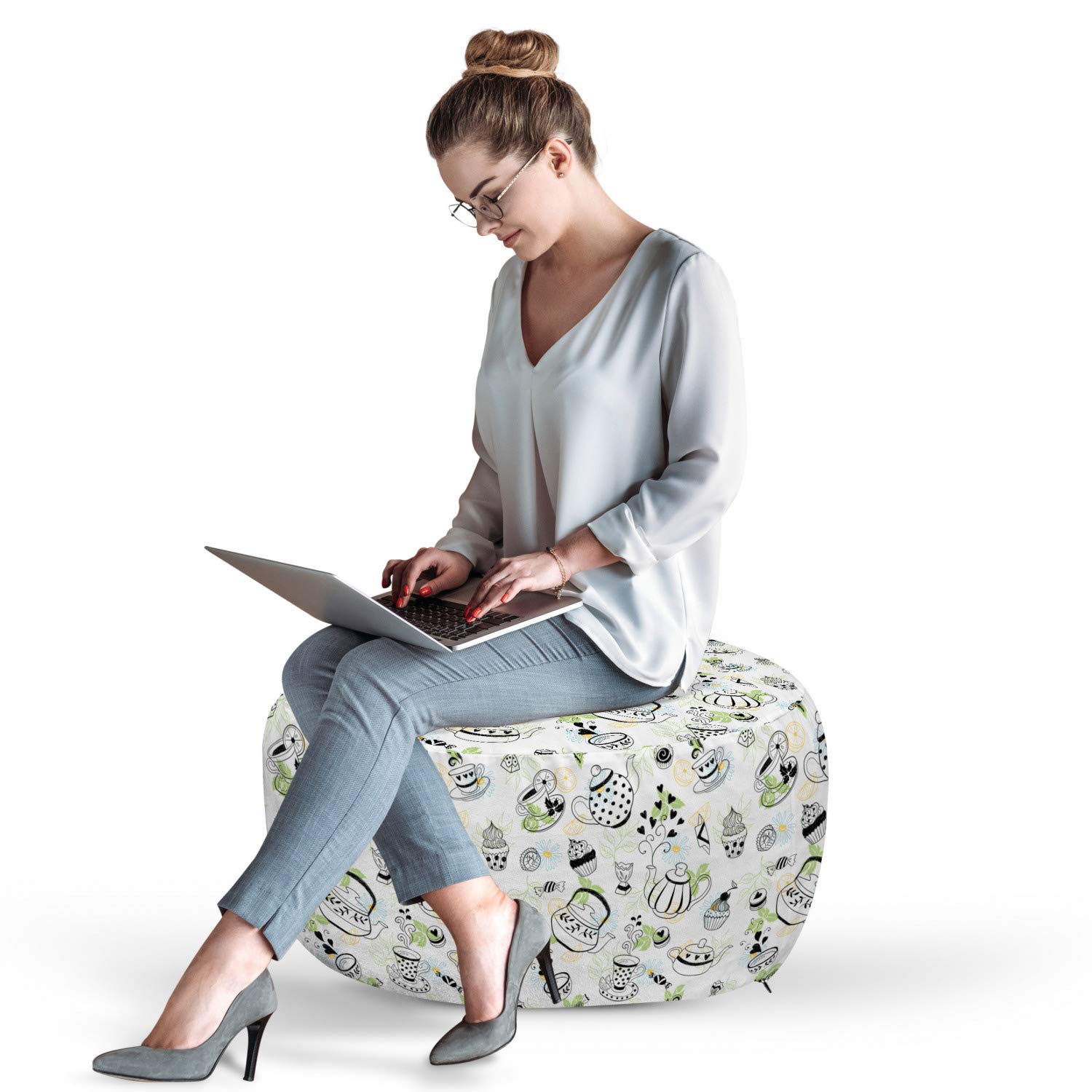 Ambesonne Tea Party Pouf Cover with Zipper - Hand Drawn Doodle Style Teapots, Cups, Hearts & Flowers Design - Soft Decorative Fabric Unstuffed Case - 30