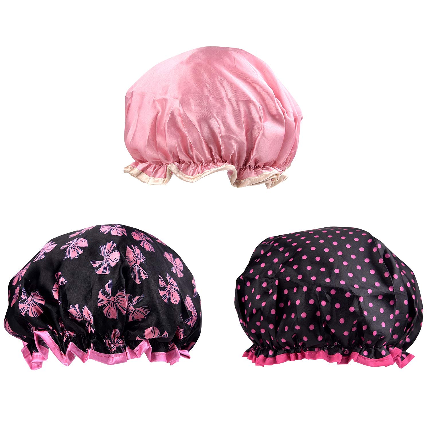 TUPARKA 3 Pack Waterproof Shower Caps - Double Layer Bathing Cap for Women & Girls | Reusable Hair Protection for Swimming, Spa, Salon & Home Use