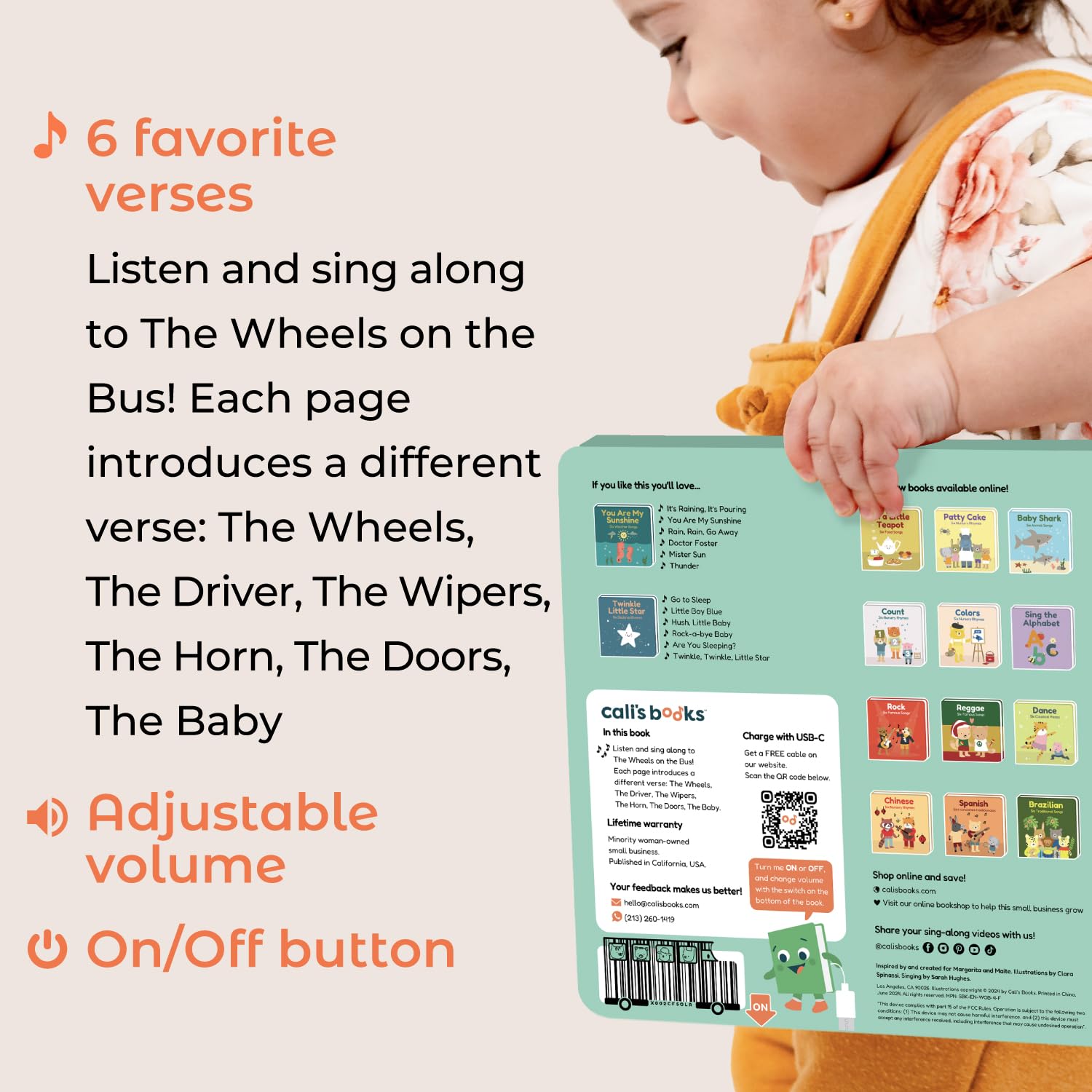 Calis Books The Wheels on The Bus - Rechargeable Musical Book for Toddlers 1-3 | No Batteries Needed | Interactive Learning Toy & Sound Book for 1 Year Old | Perfect for Storytime, Travel & Early Education