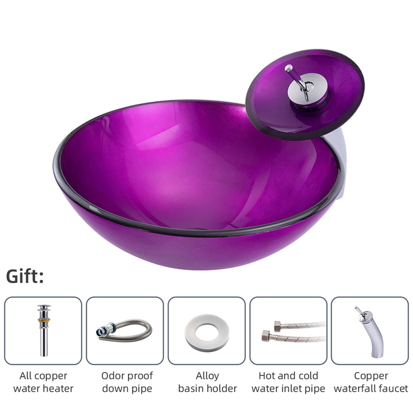 Purple Artistic Tempered Glass Vessel Sink with Brass Waterfall Faucet - Round Bathroom Vanity Sink Combo for Countertop Installation - Includes Chrome Pop-Up Drain - Perfect for Modern Master Bathrooms & Powder Room Renovations