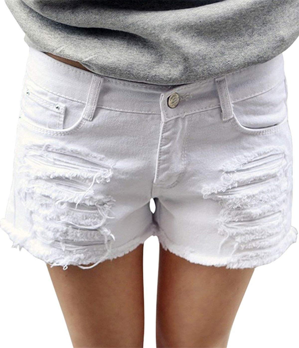 OnlyPuff Women's Casual Ripped Mid Waist Denim Shorts with Pockets - Perfect for Summer Outfits, Beach Vacations & Street Style Fashion