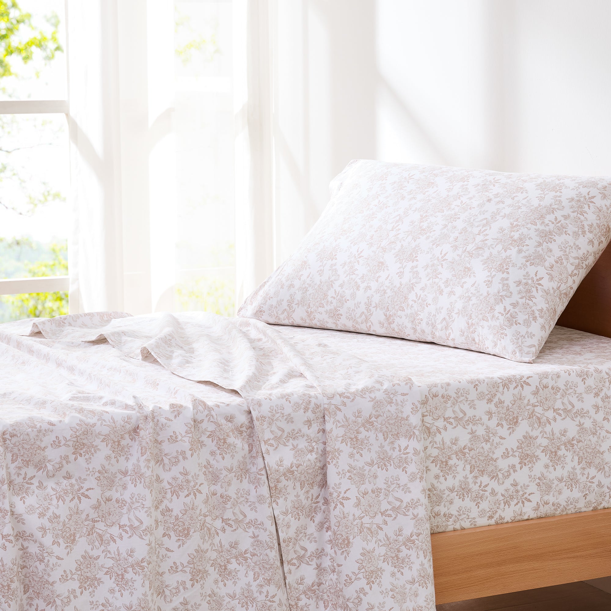 Premium Peony Toile Cotton Sheet Set - Queen Size, 4-Piece Bedding Set with Pillowcases - Soft & Breathable for Comfortable Sleep - Perfect for Master Bedroom, Guest Room, or Vacation Home