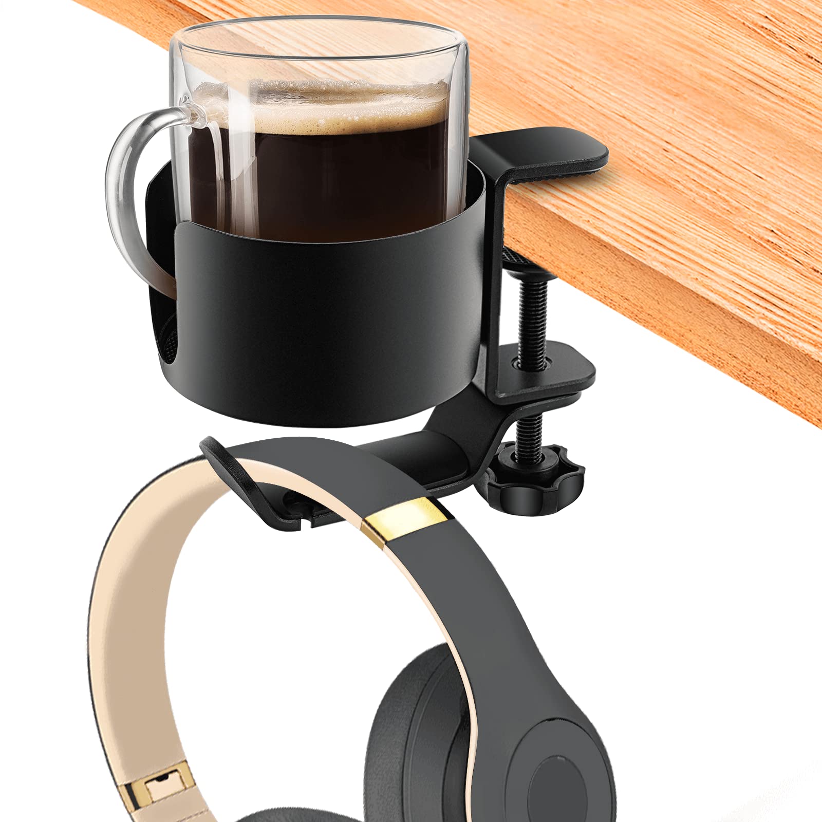 OOKUU 2-in-1 Desk Cup Holder with Headphone Hanger - Anti-Spill Coffee Mug & Water Bottle Holder - Sturdy Durable Office Desk Accessory for Workstation, Gaming Setup & Home Office Organization