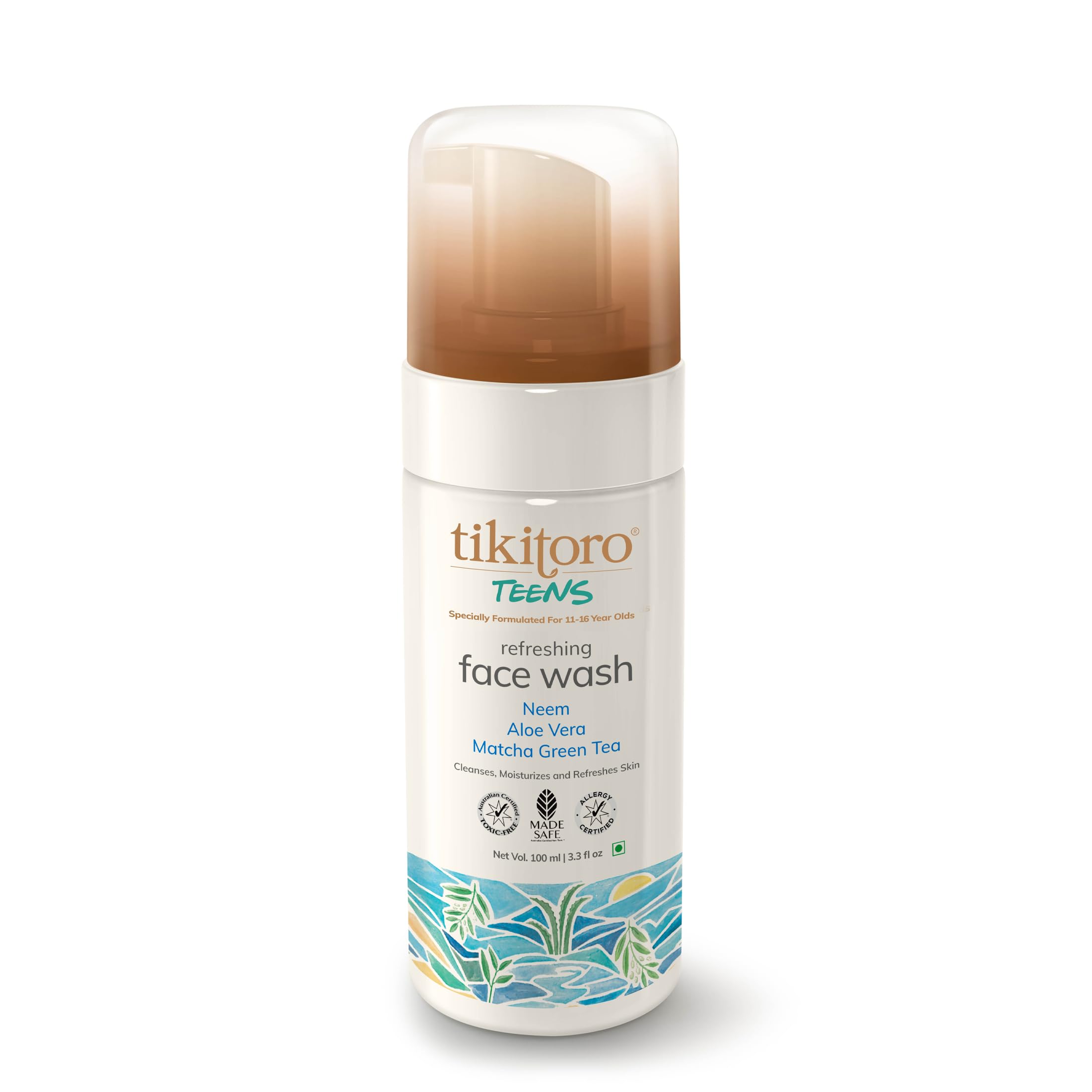 Tikitoro Teens Refreshing Face Wash - 100% Vegan with Neem, Aloe Vera & Matcha Green Tea Extract | Gentle Cleansing for All Skin Types (11+ Years) | Paraben & Sulfate Free | 100ml | Perfect for Morning & Night Skincare Routine