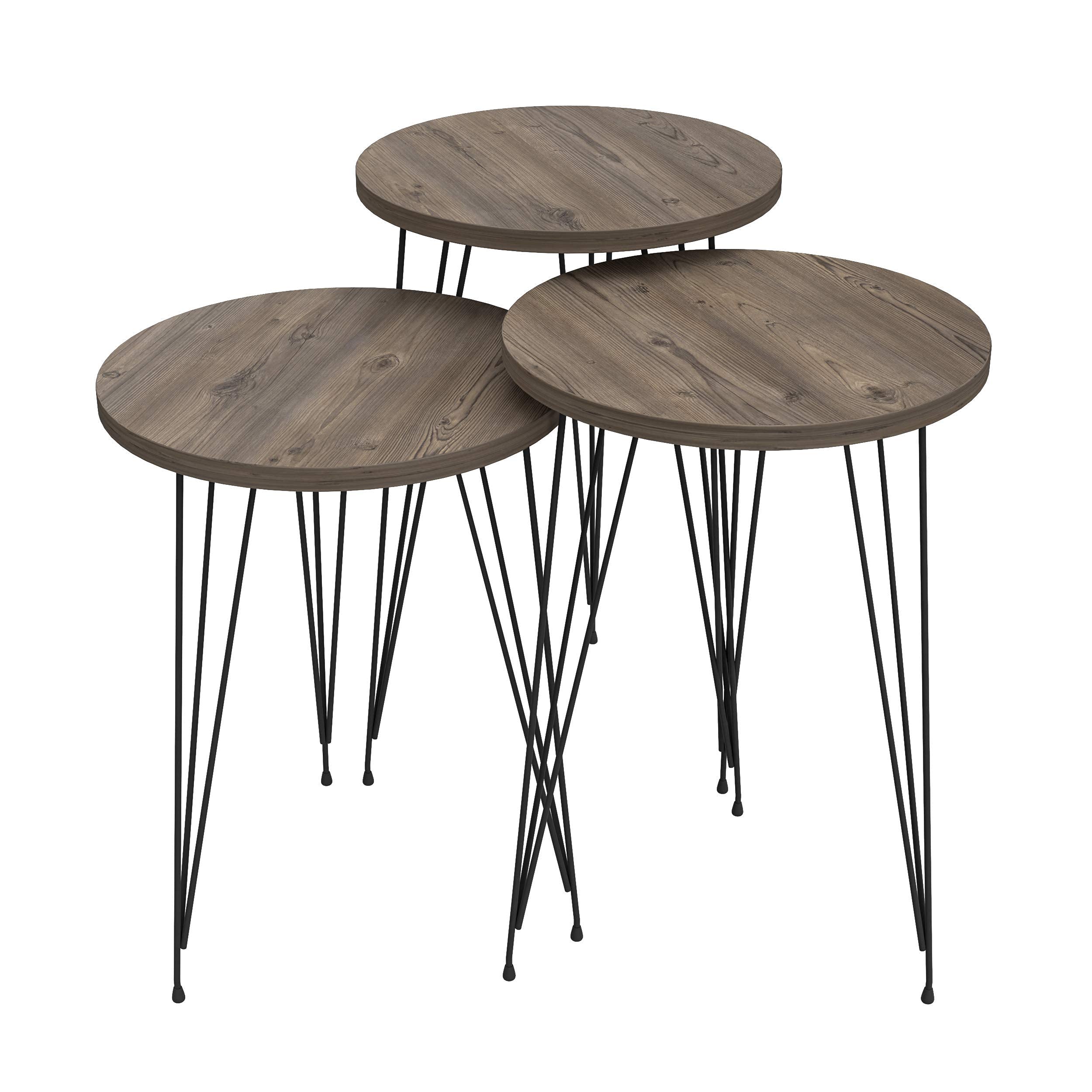 PAK HOME Set of 3 Round Grey Pine Wood Nesting End Tables with Metal Legs - Stackable Coffee Side Accent Tables for Living Room, Bedroom Nightstand & Home Office - Perfect for Small Spaces, Apartment Decor & Modern Furniture Arrangement