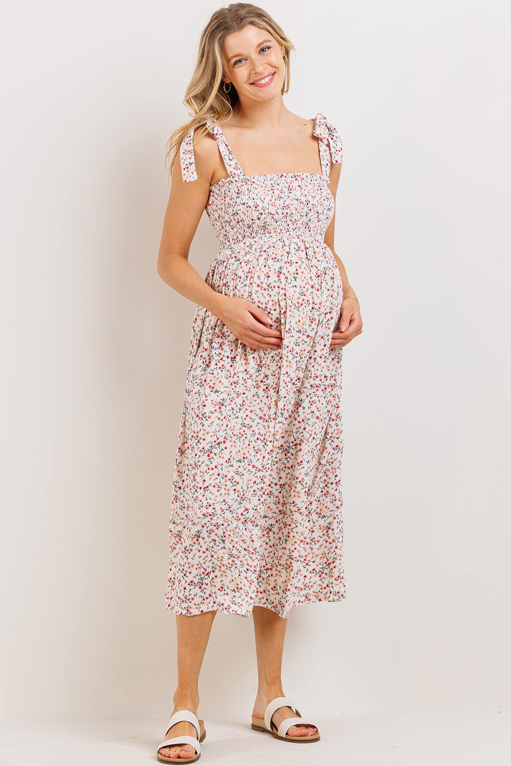 Women's Smocked Maternity Dress - Flowy Midi Length for Pregnancy Comfort | Perfect for Baby Showers, Maternity Photos & Everyday Wear