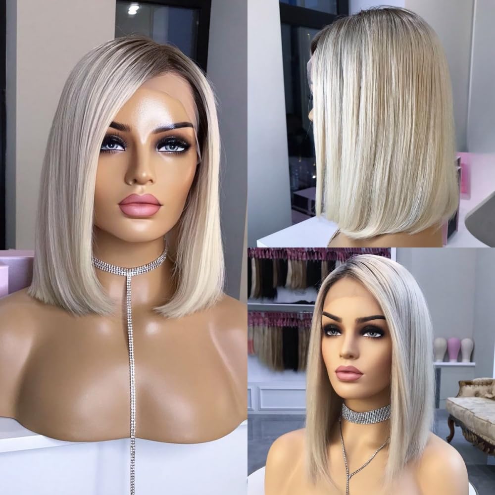 14 Inch Platinum Blonde Lace Front Human Hair Wig - Balayage Ombre Ash Blonde Bob with Dark Roots, Transparent HD Lace Frontal, Pre-Plucked Natural Hairline & Baby Hair (150% Density) | Perfect for Daily Wear, Cosplay, Parties & Special Occasions