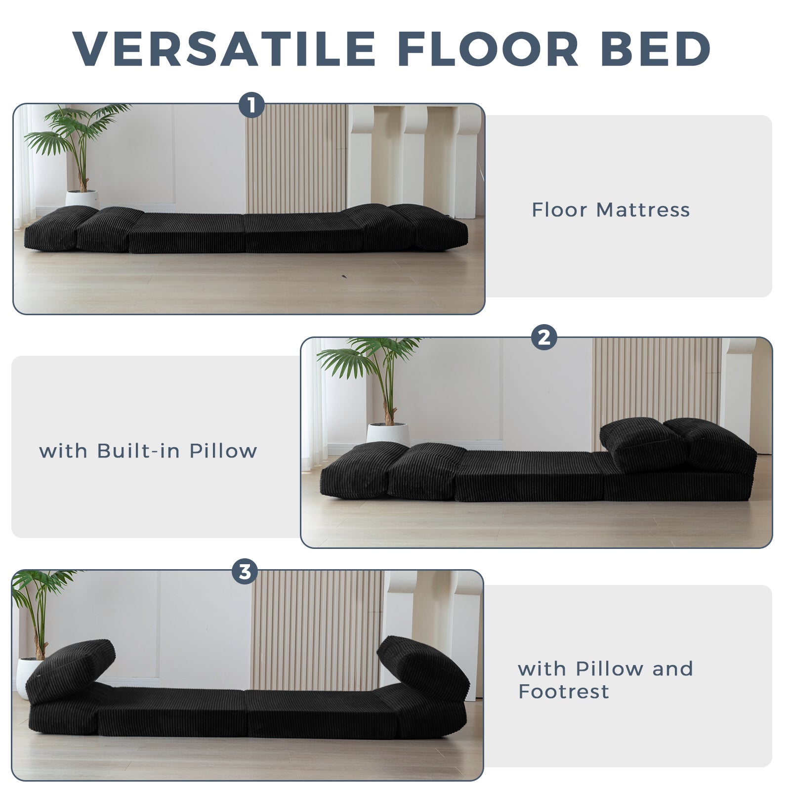 MAXYOYO Extra Wide Corduroy Bean Bag Folding Sofa Bed - Convertible Floor Mattress for Living Room, Bedroom & Guest Room (Black)