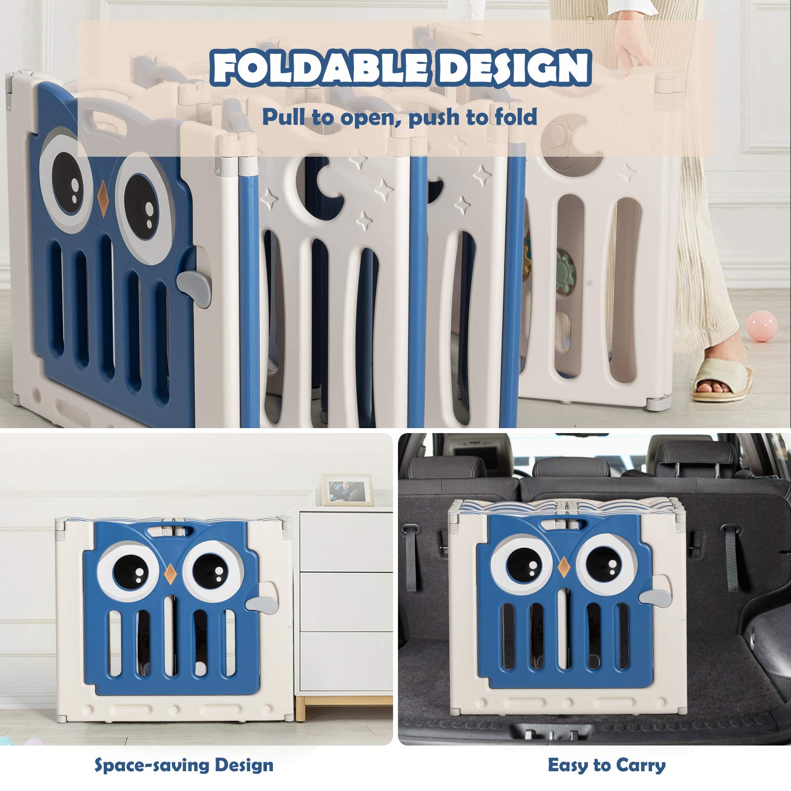 Costzon 14-Panel Foldable Baby Playpen with Locking Door - Non-Slip Rubber Bases & Cushioned Pads for Safety - Indoor/Outdoor Adjustable Play Yard for Toddlers (Blue) - Perfect for Home, Backyard, Daycare & Travel Use