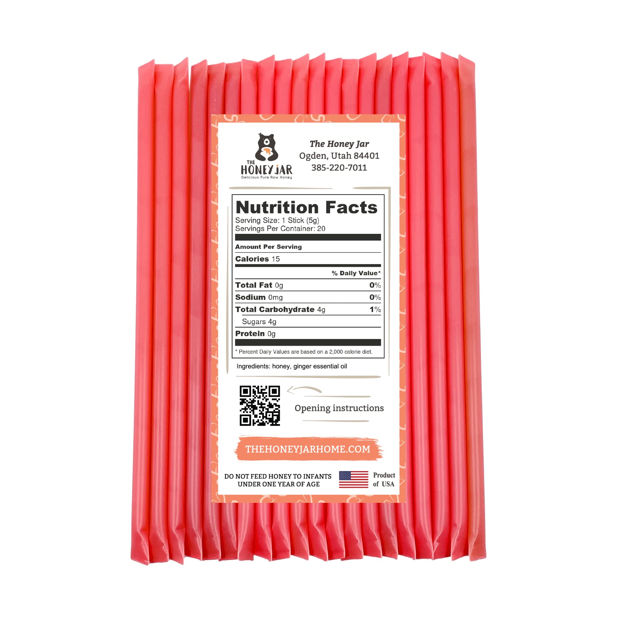 Organic Ginger Flavored Honey Sticks - Pure Honey Straws for Tea, Coffee & Healthy Snacks - 1 Tsp per Stick - Made in USA with Real Honey - 20 Count - Perfect for Office, Travel & Home Use